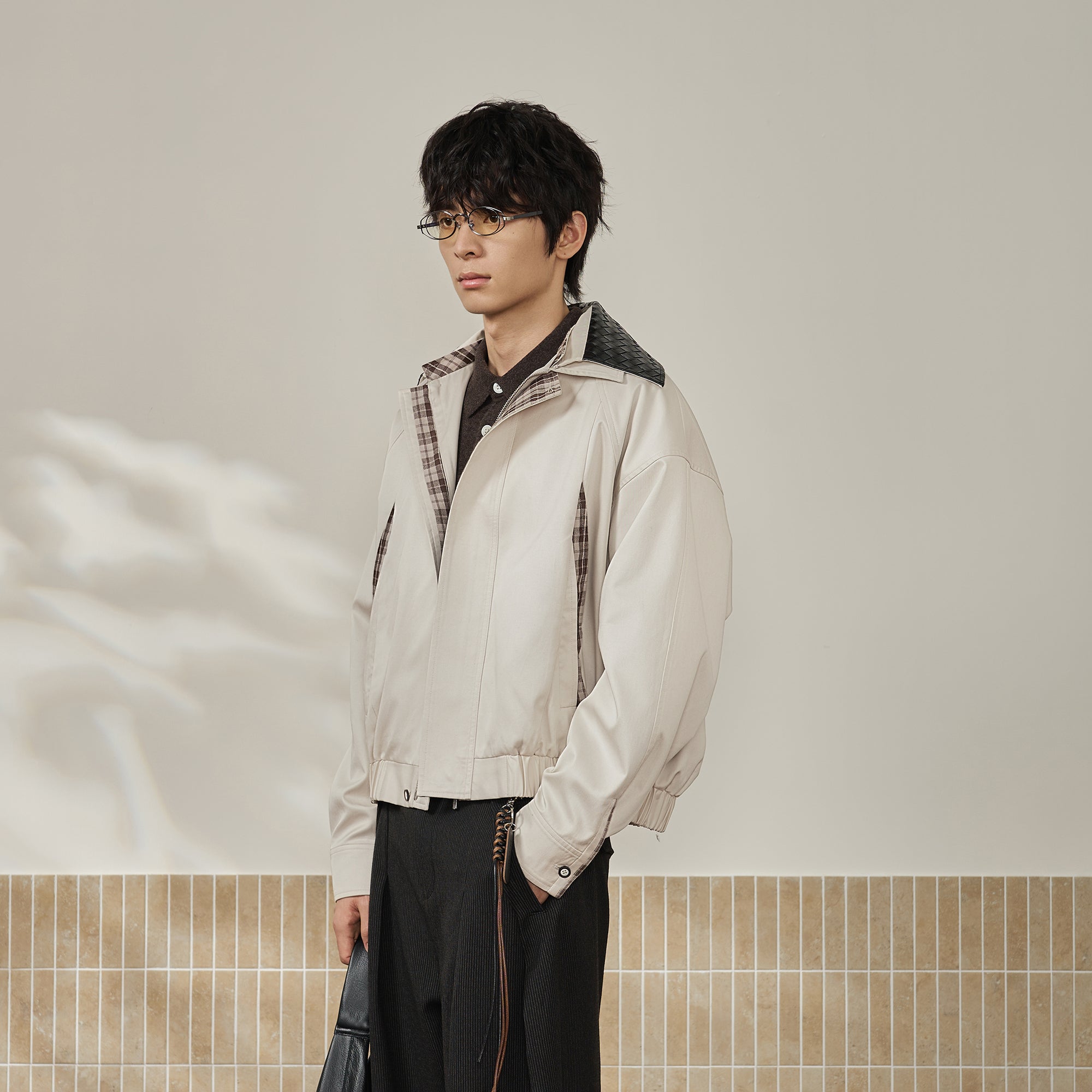 MOITIEDEPETALE Convertible Collar & Hood Plaid Pocket Jacket