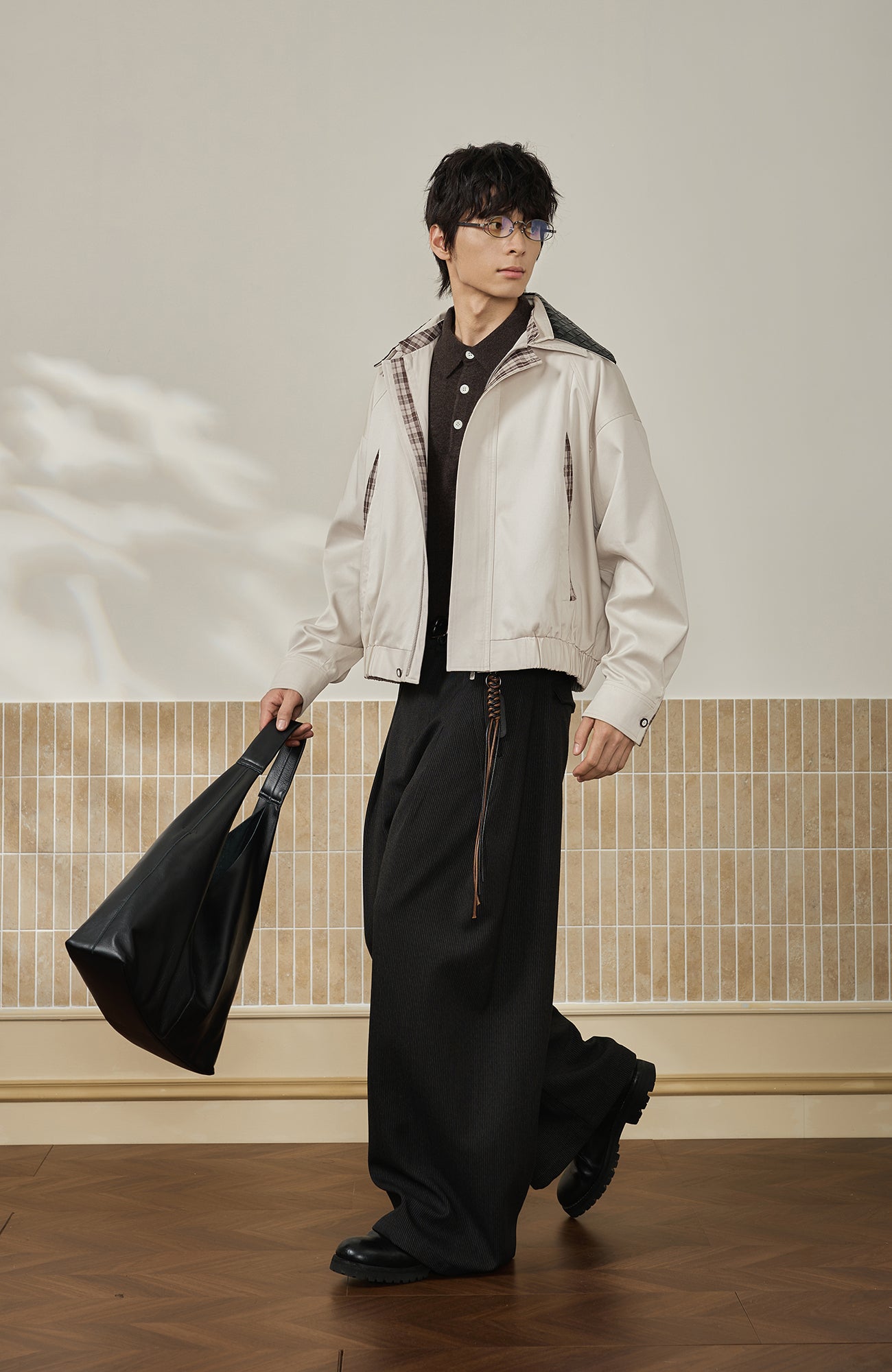 MOITIEDEPETALE Convertible Collar & Hood Plaid Pocket Jacket