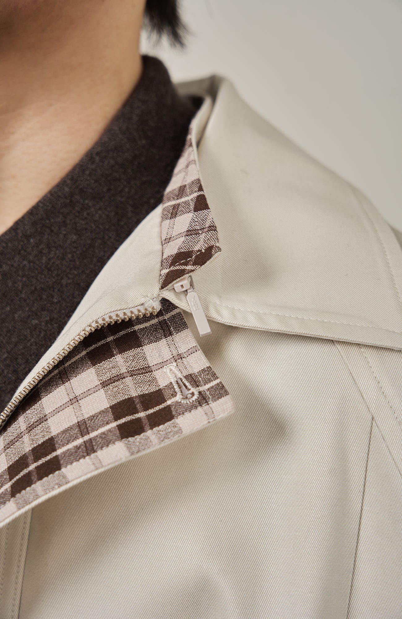 MOITIEDEPETALE Convertible Collar & Hood Plaid Pocket Jacket