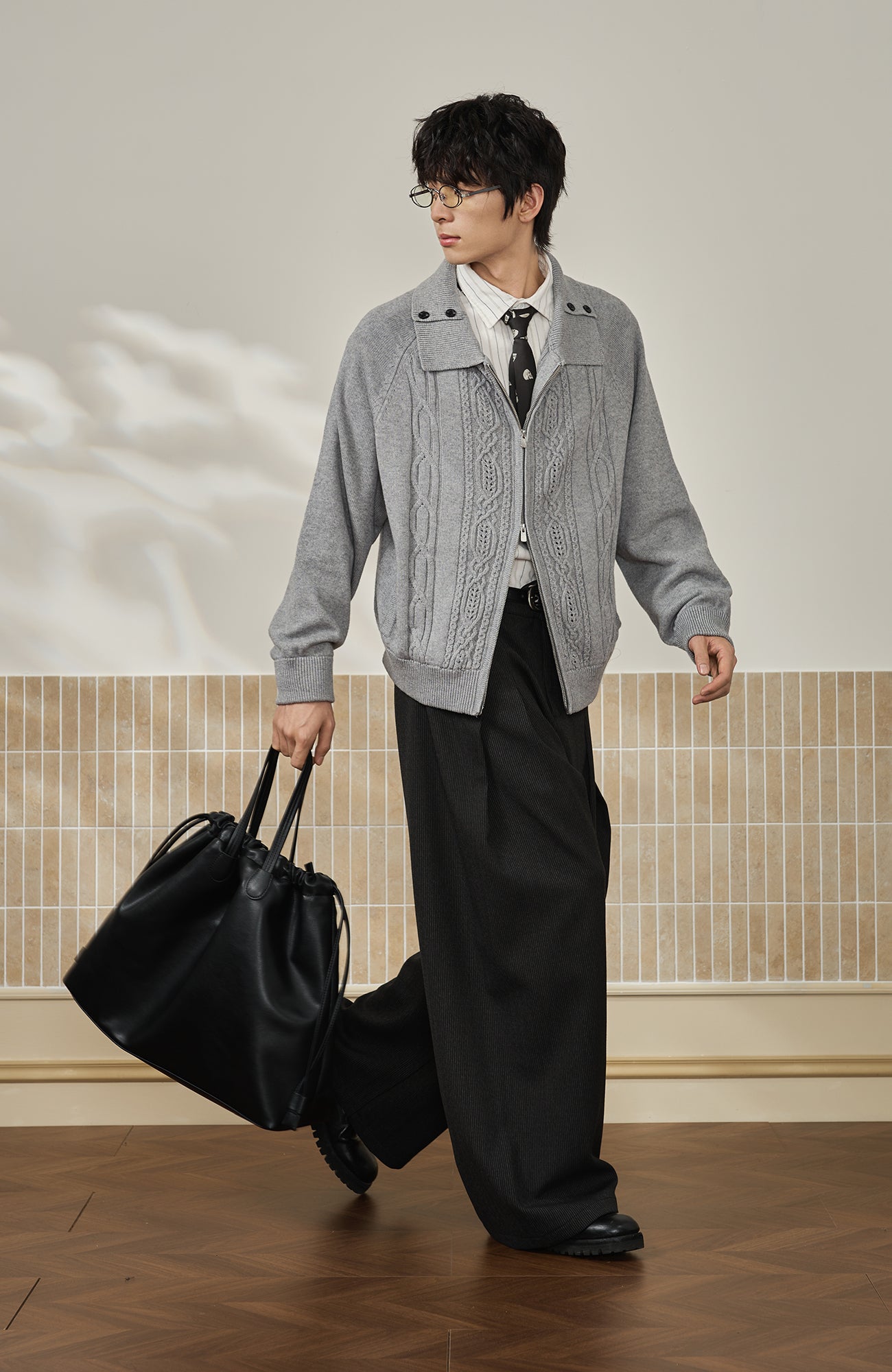 MOITIEDEPETALE Modern Cable-Knit Zip-Up Cardigan