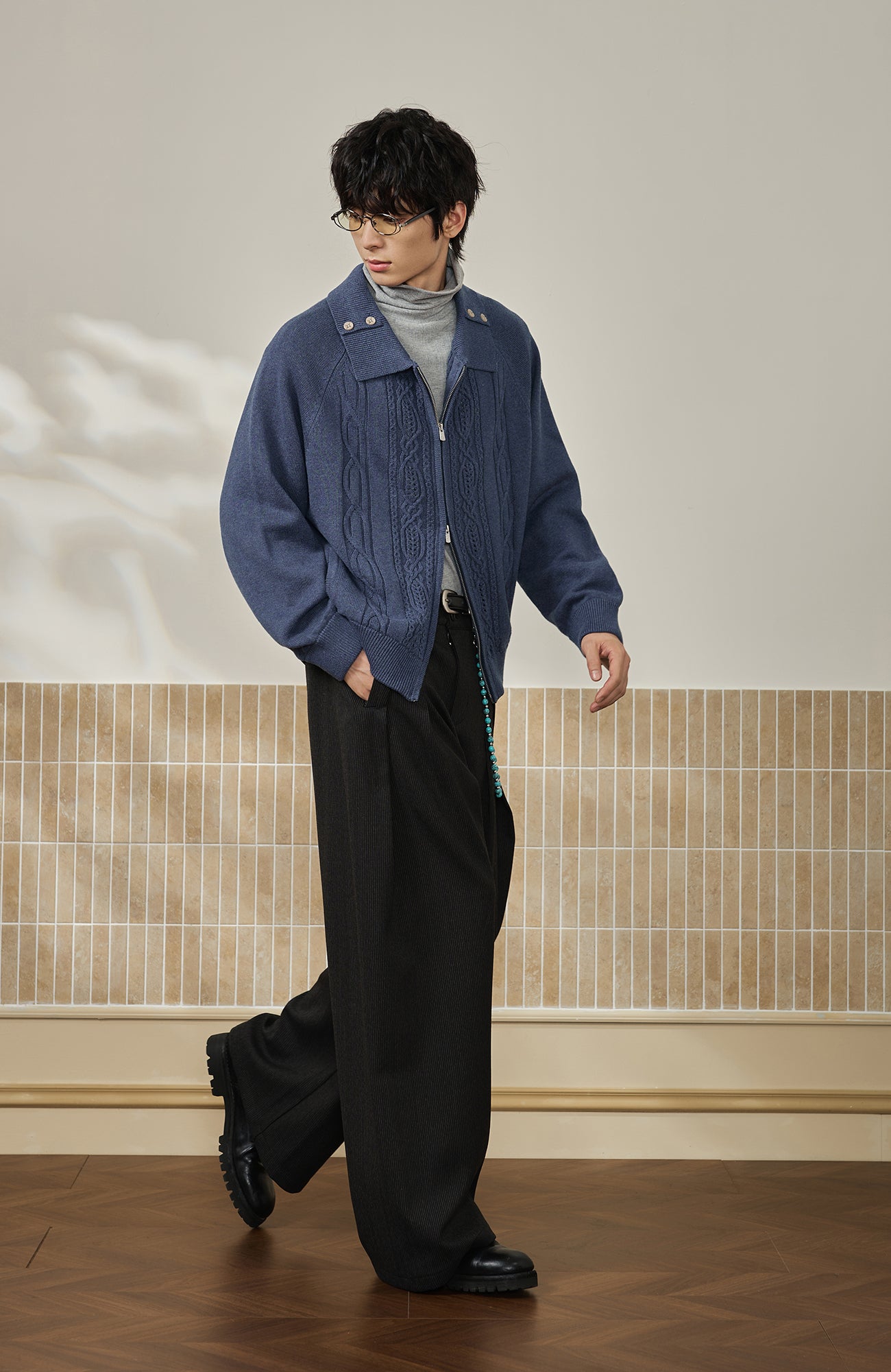 MOITIEDEPETALE Modern Cable-Knit Zip-Up Cardigan