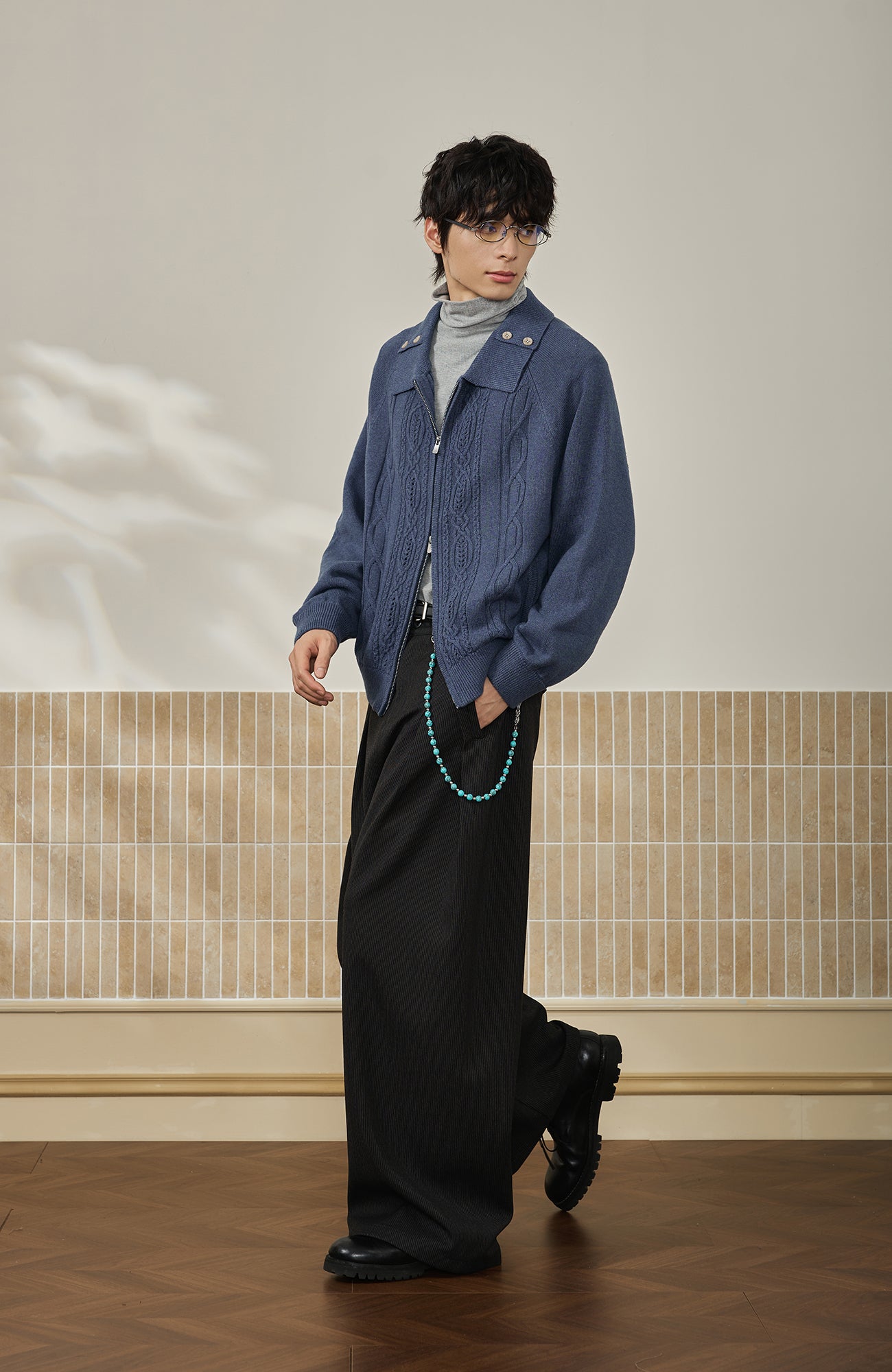 MOITIEDEPETALE Modern Cable-Knit Zip-Up Cardigan