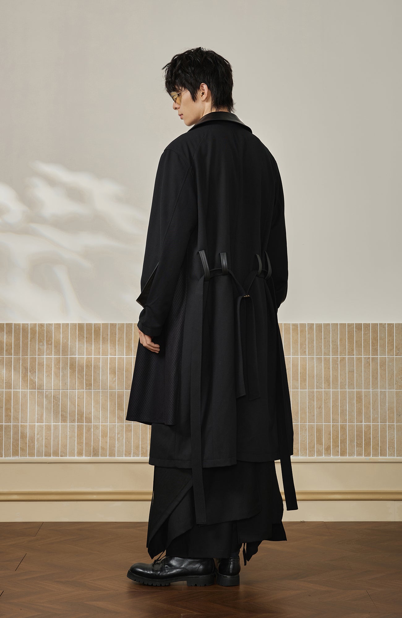 MOITIEDEPETALE Leather Paneled Belted Oversized Trench