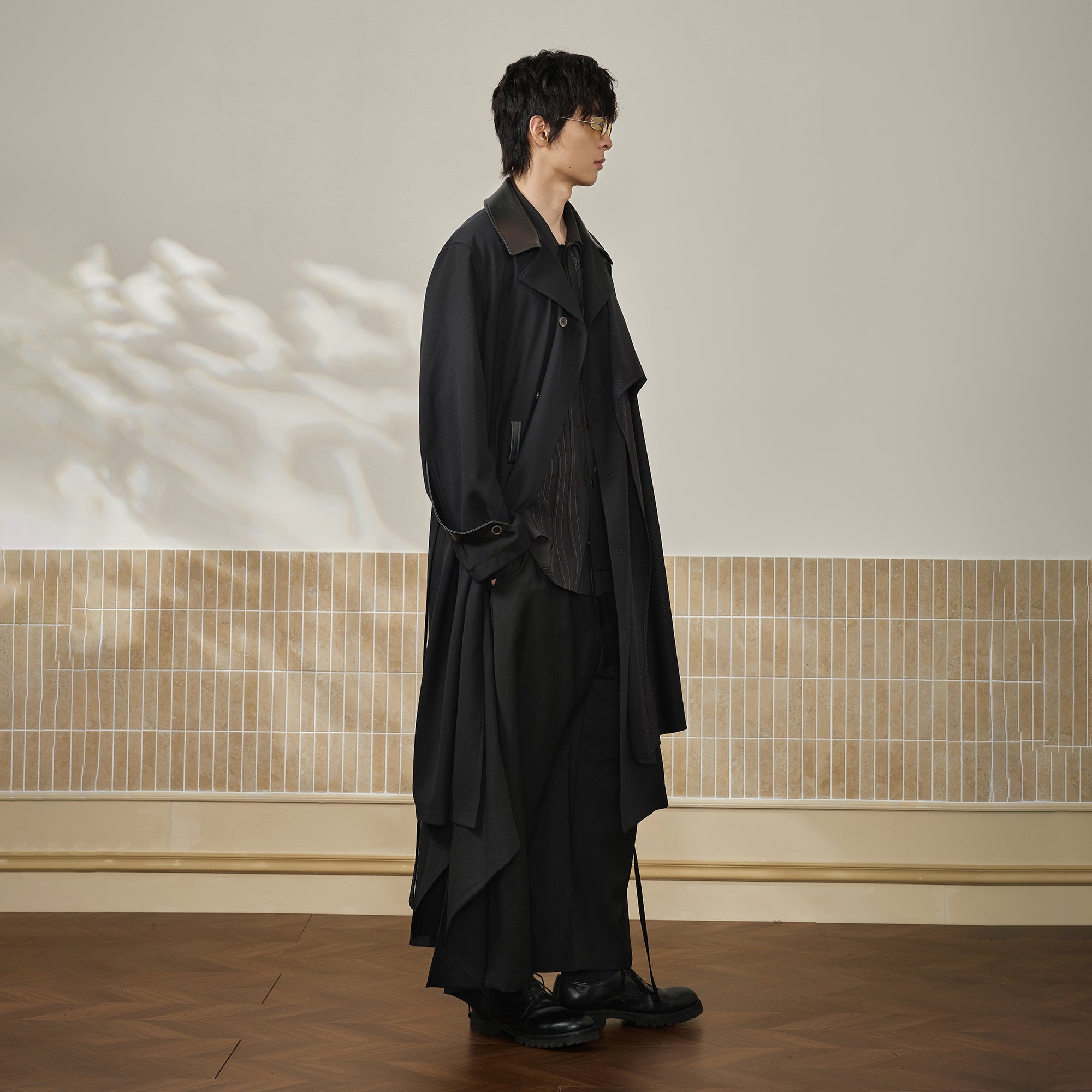 MOITIEDEPETALE Leather Paneled Belted Oversized Trench