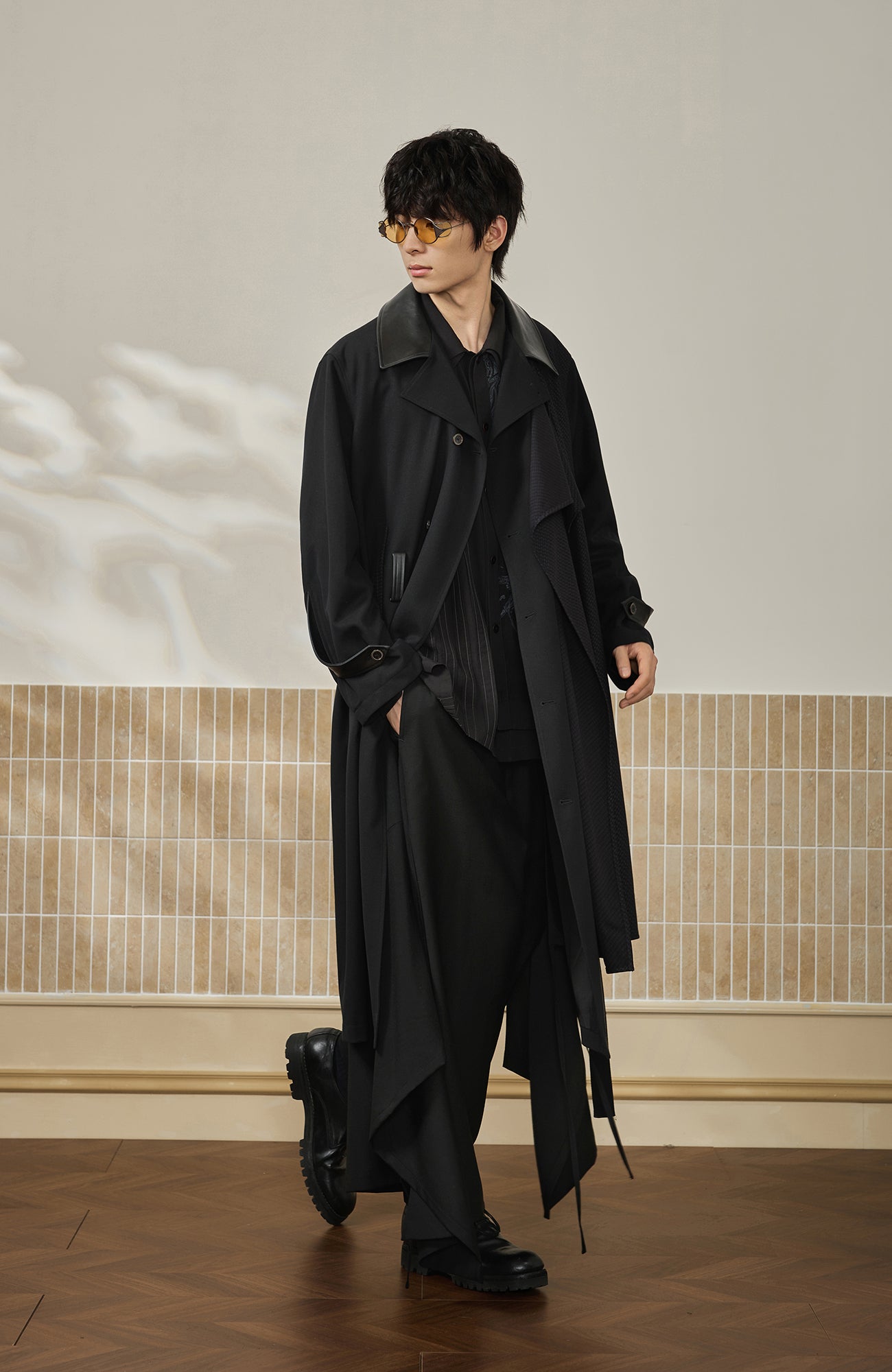 MOITIEDEPETALE Leather Paneled Belted Oversized Trench