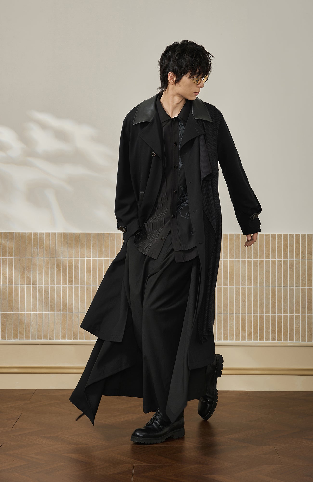 MOITIEDEPETALE Leather Paneled Belted Oversized Trench