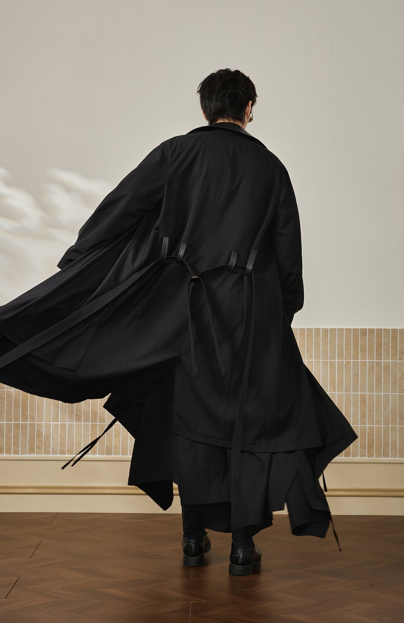 MOITIEDEPETALE Leather Paneled Belted Oversized Trench