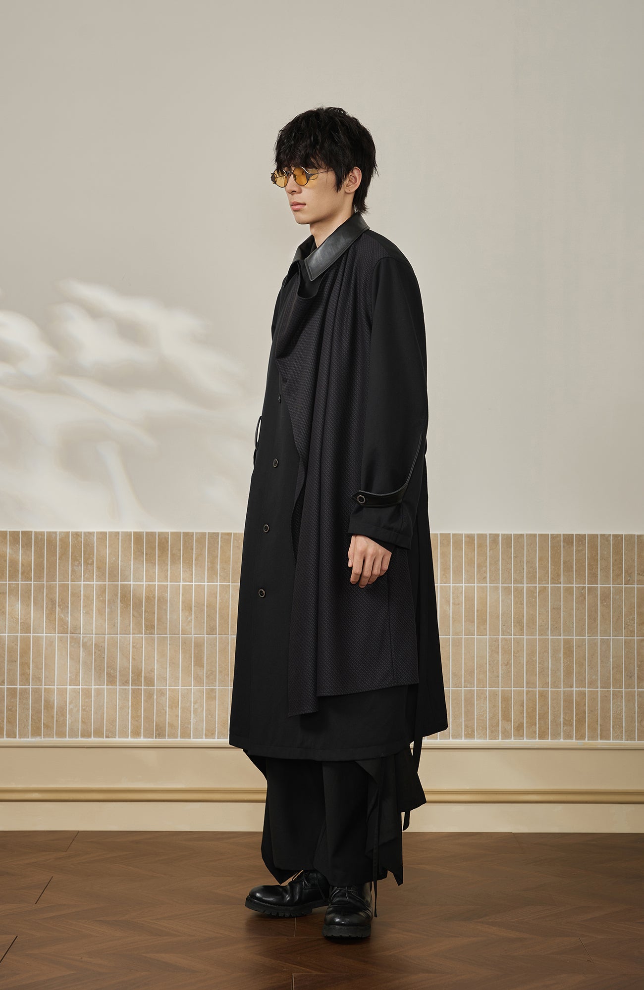 MOITIEDEPETALE Leather Paneled Belted Oversized Trench