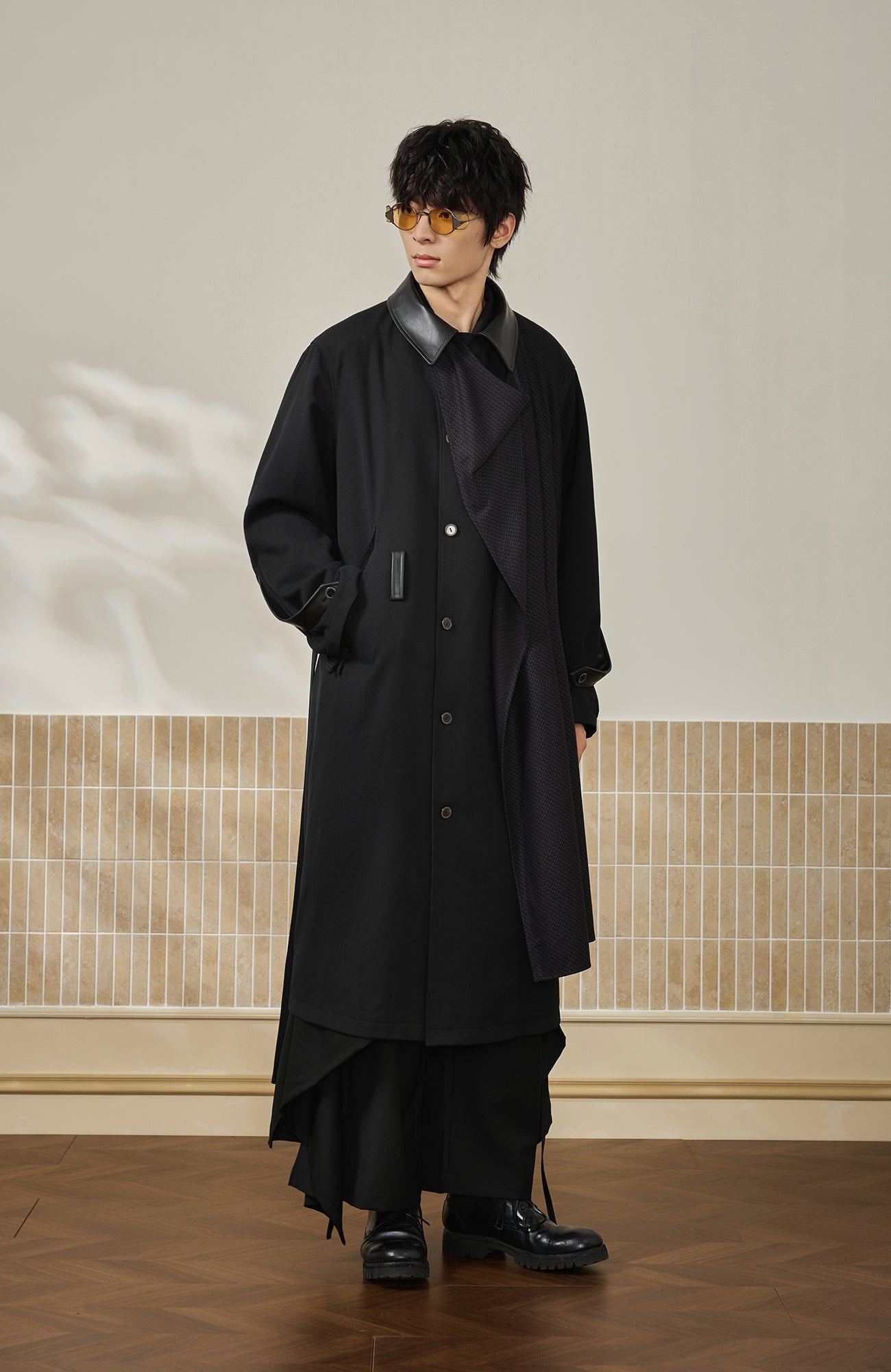【新品未使用】_ J.L-A.L_ APERTURE TRENCH BLACK MOITIEDEPETALE Leather Paneled Belted Oversized Trench