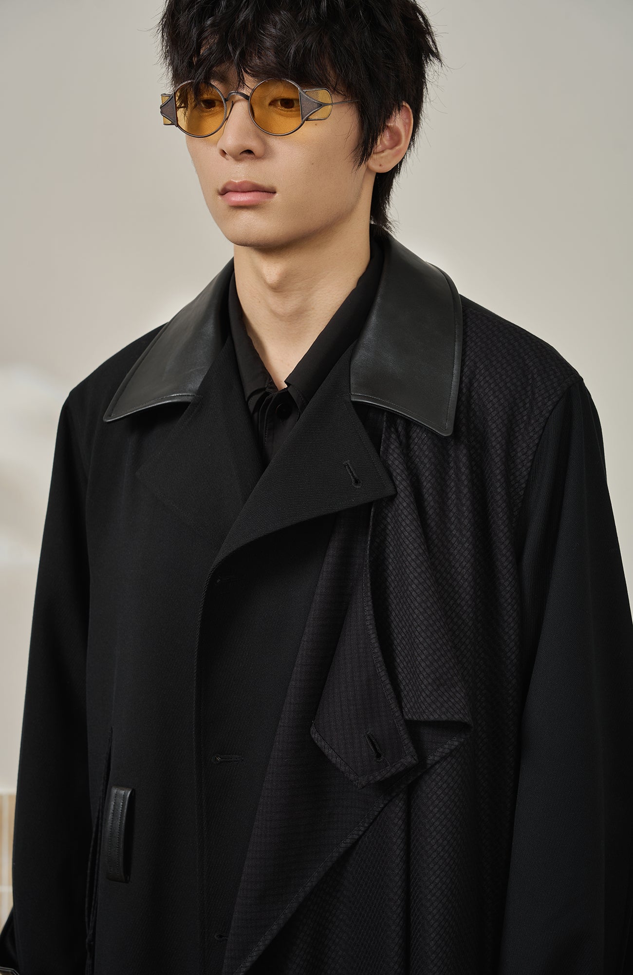 MOITIEDEPETALE Leather Paneled Belted Oversized Trench