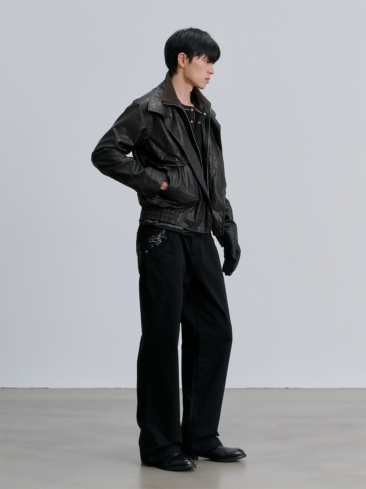 CATSSTAC Retro Spliced Faux Leather Oversized Stand-Collar Jacket