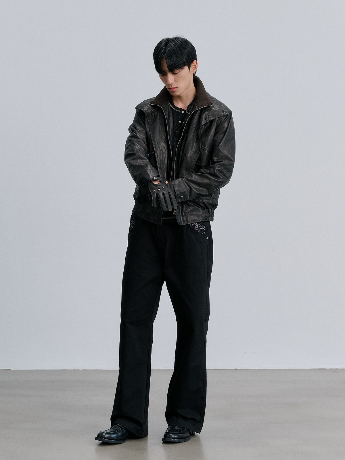 CATSSTAC Retro Spliced Faux Leather Oversized Stand-Collar Jacket