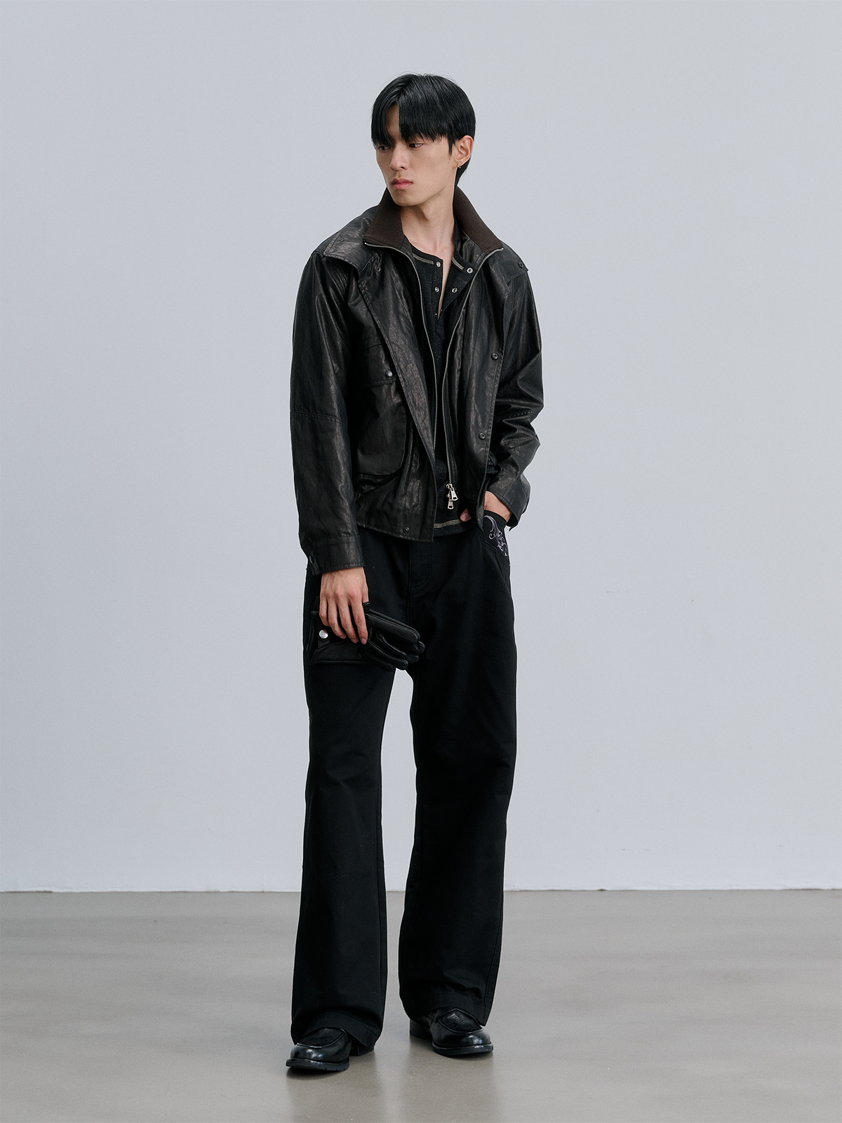 CATSSTAC Retro Spliced Faux Leather Oversized Stand-Collar Jacket