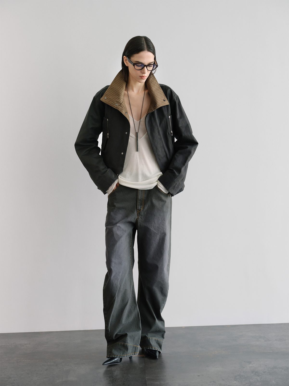ORGANIC EMOTION Washed Retro Plaid Spliced Lapel Jacket