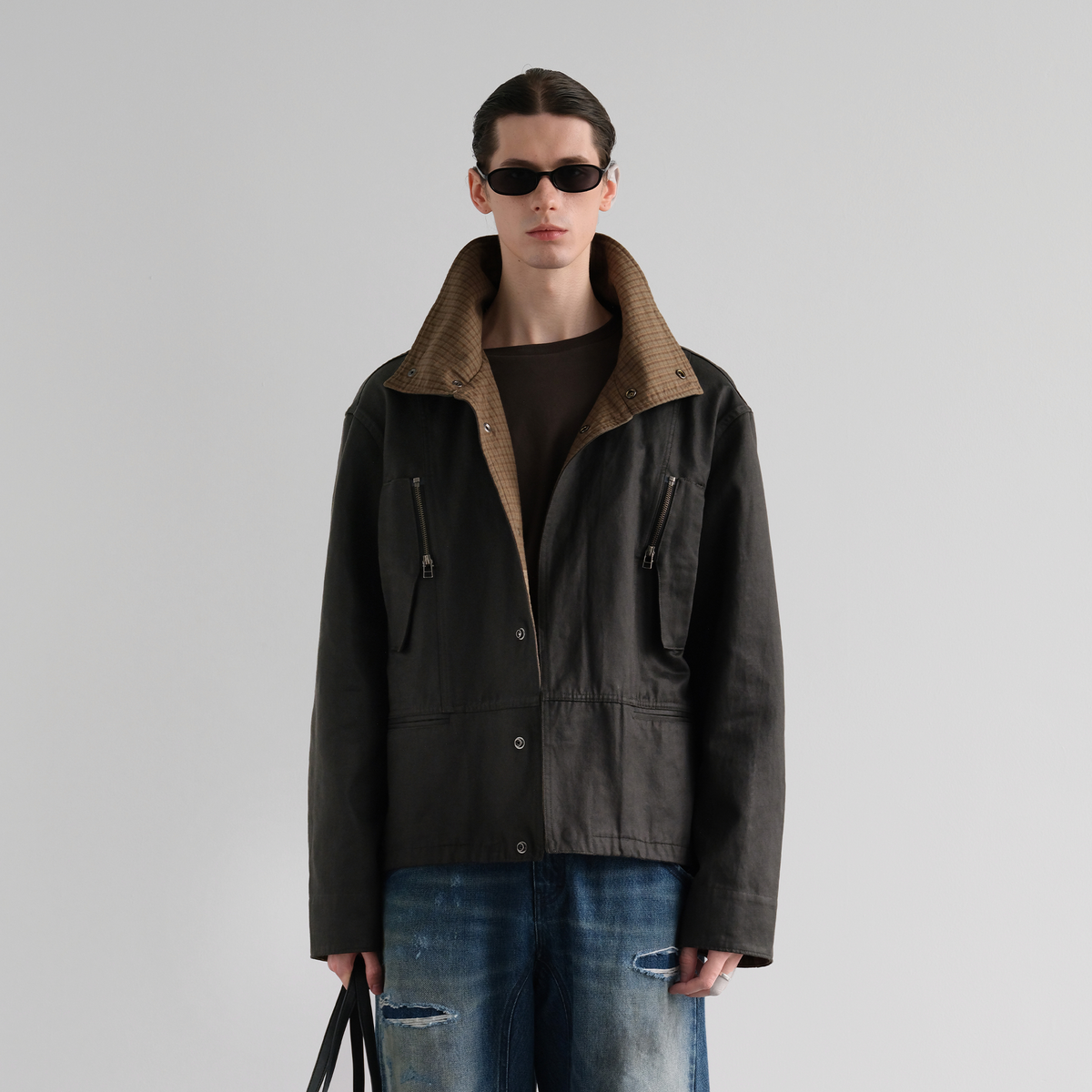 ORGANIC EMOTION Washed Retro Plaid Spliced Lapel Jacket