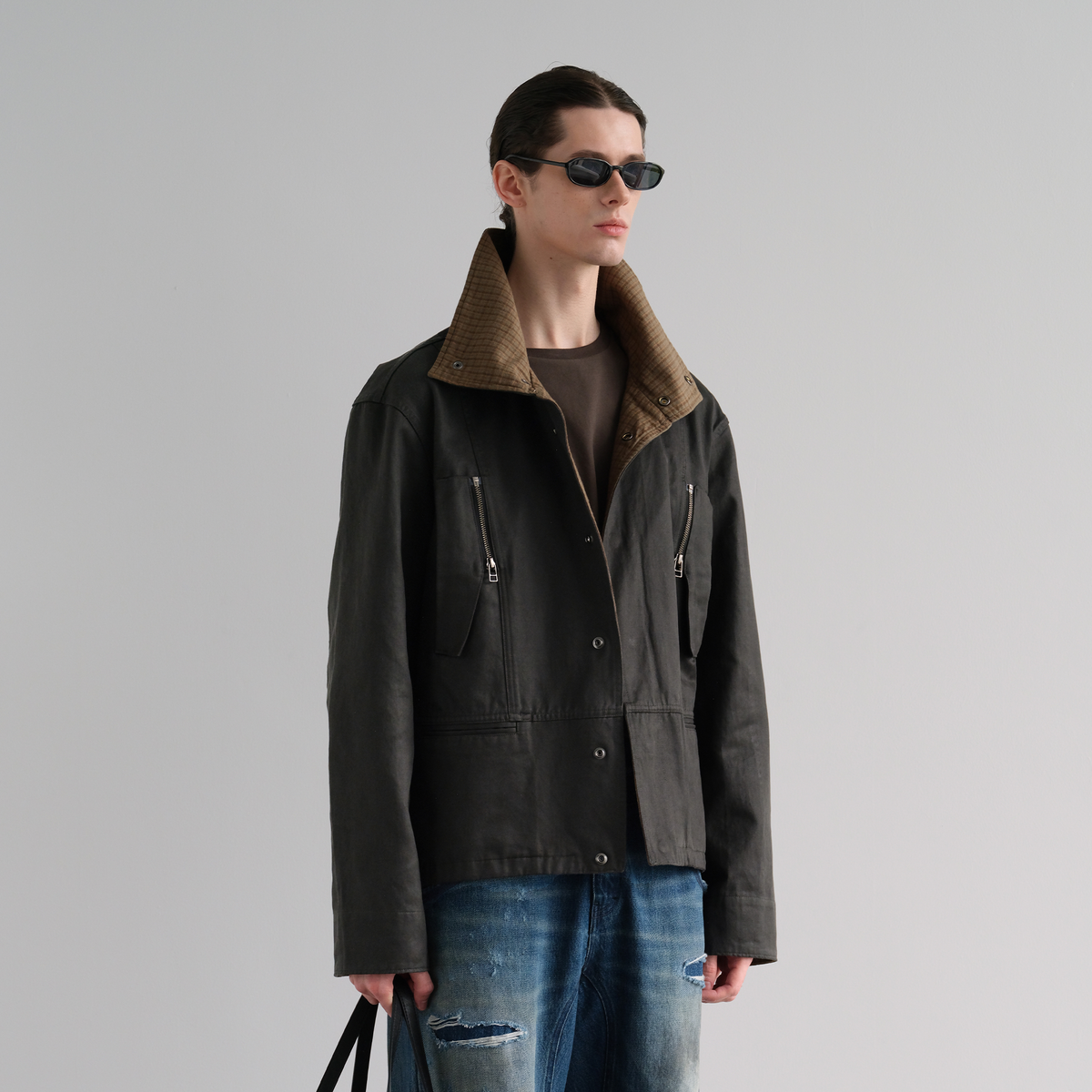 ORGANIC EMOTION Washed Retro Plaid Spliced Lapel Jacket