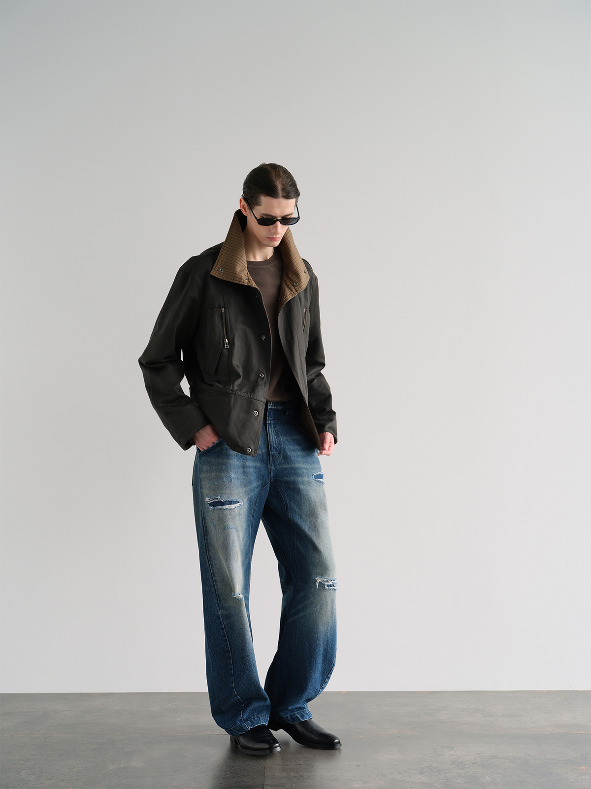 ORGANIC EMOTION Washed Retro Plaid Spliced Lapel Jacket