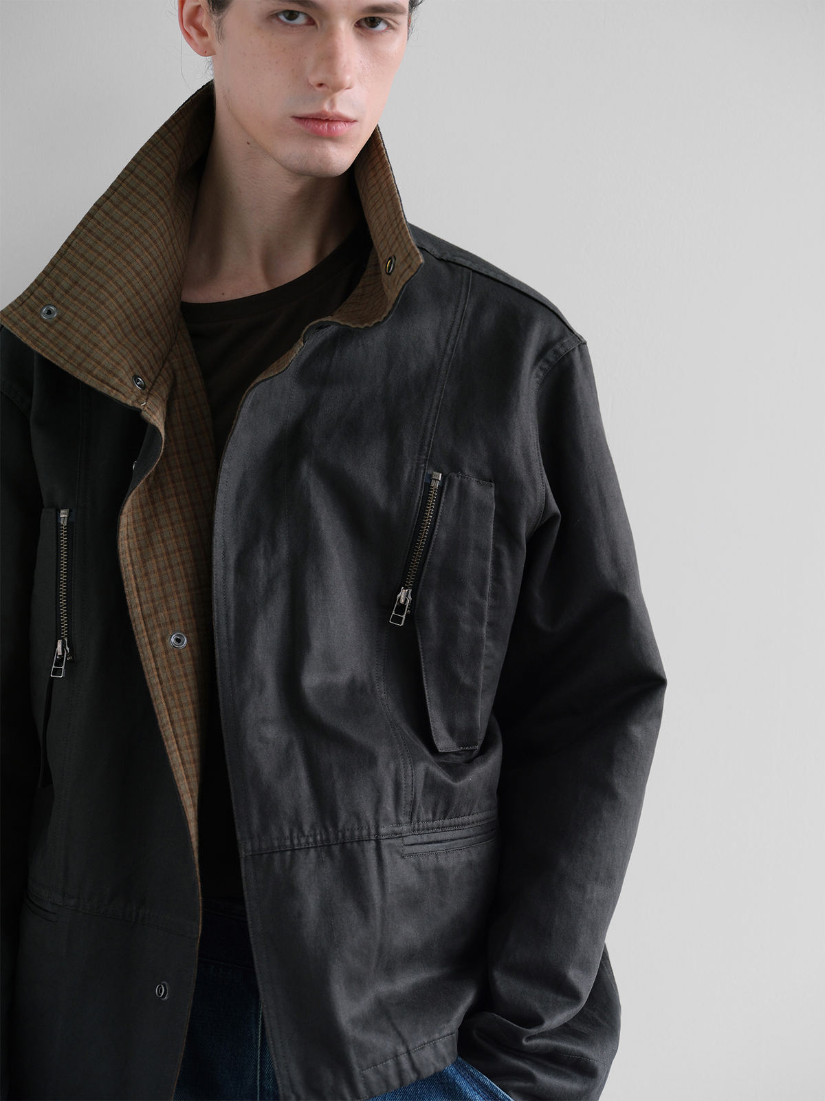 ORGANIC EMOTION Washed Retro Plaid Spliced Lapel Jacket