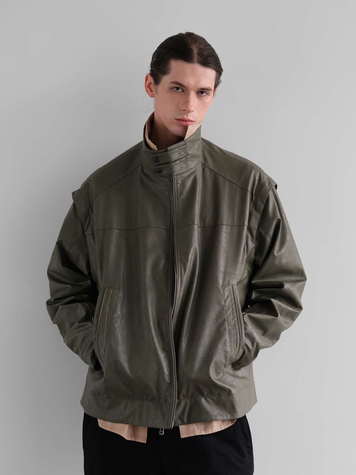 ORGANIC EMOTION Faux Leather Detachable-Sleeve Biker Jacket