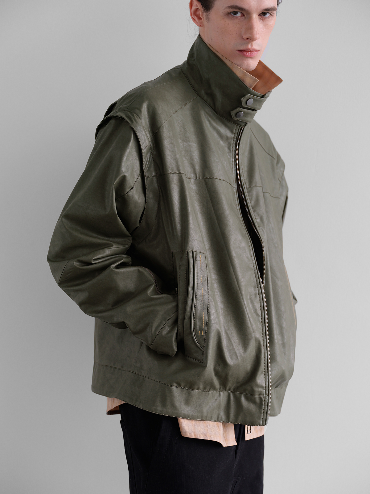ORGANIC EMOTION Faux Leather Detachable-Sleeve Biker Jacket