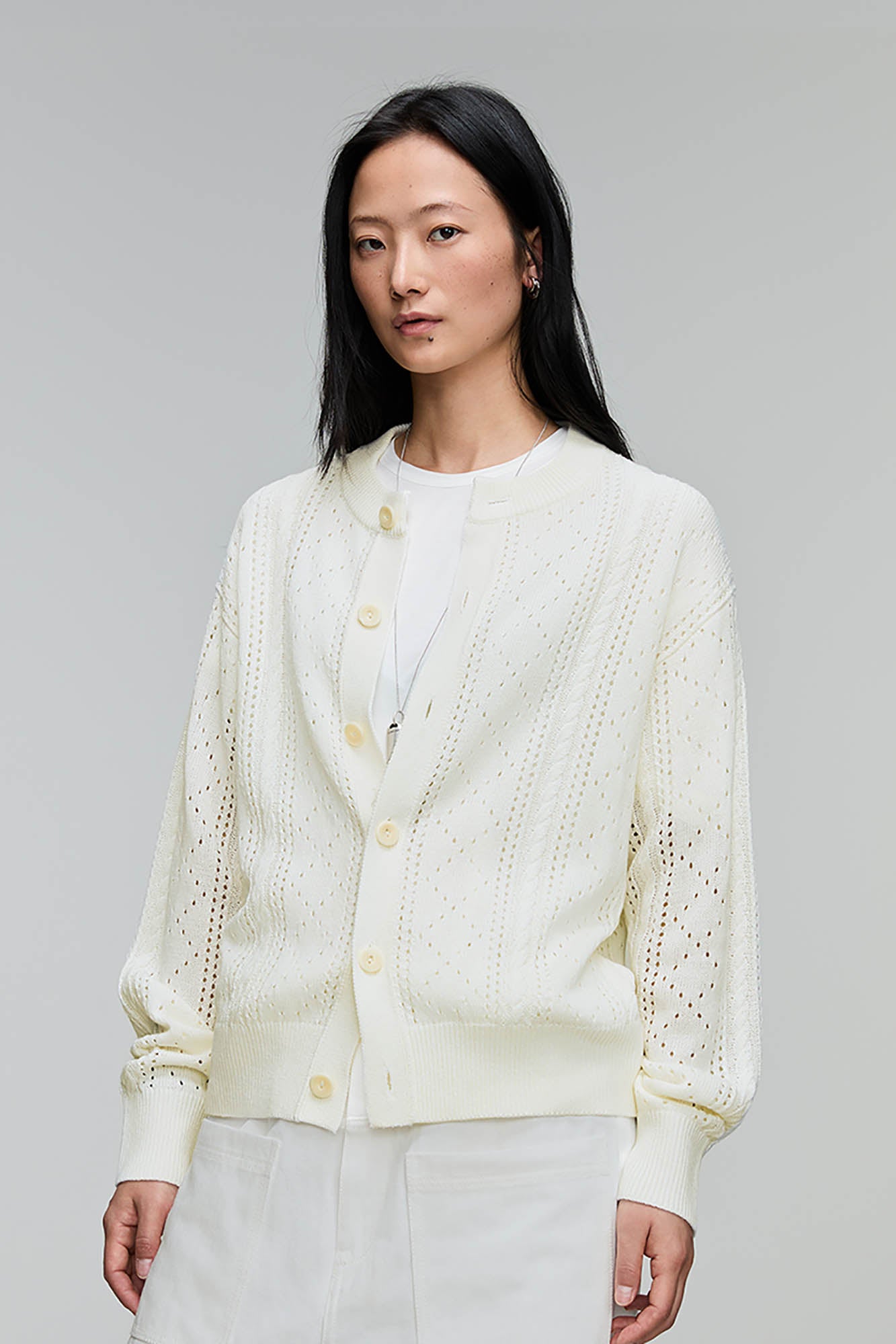 OPICLOTH Eyelet Knit Button-Up Cardigan