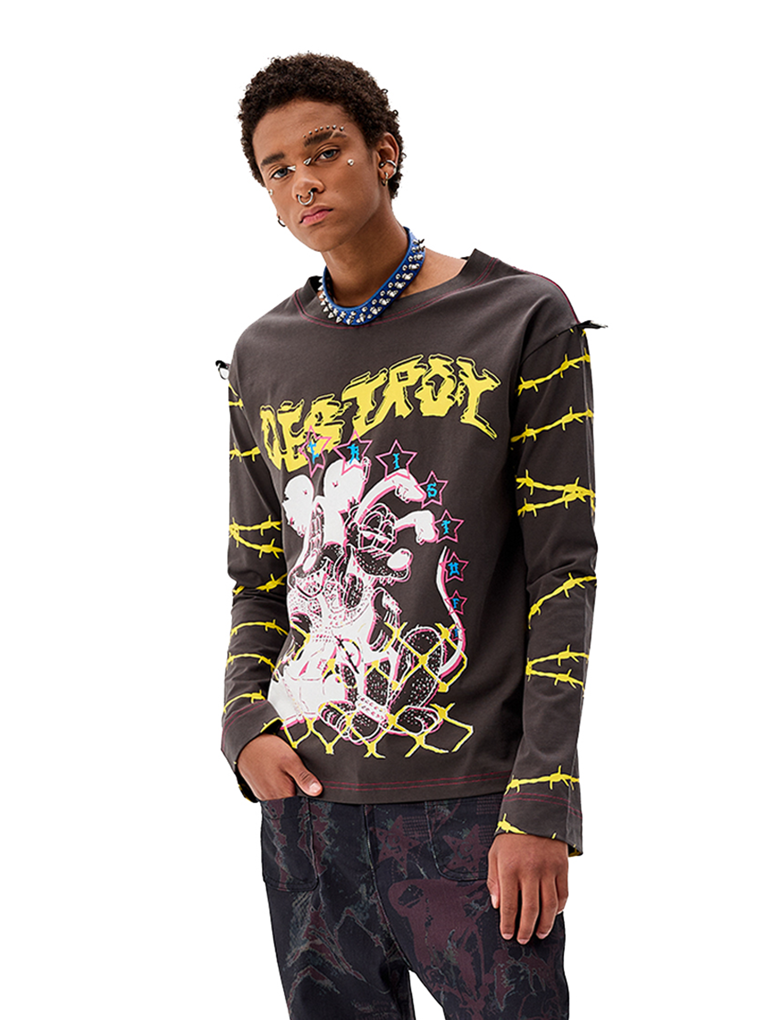 CYCYCY Punk Cartoon Mouse Graphic Long-Sleeve Tee