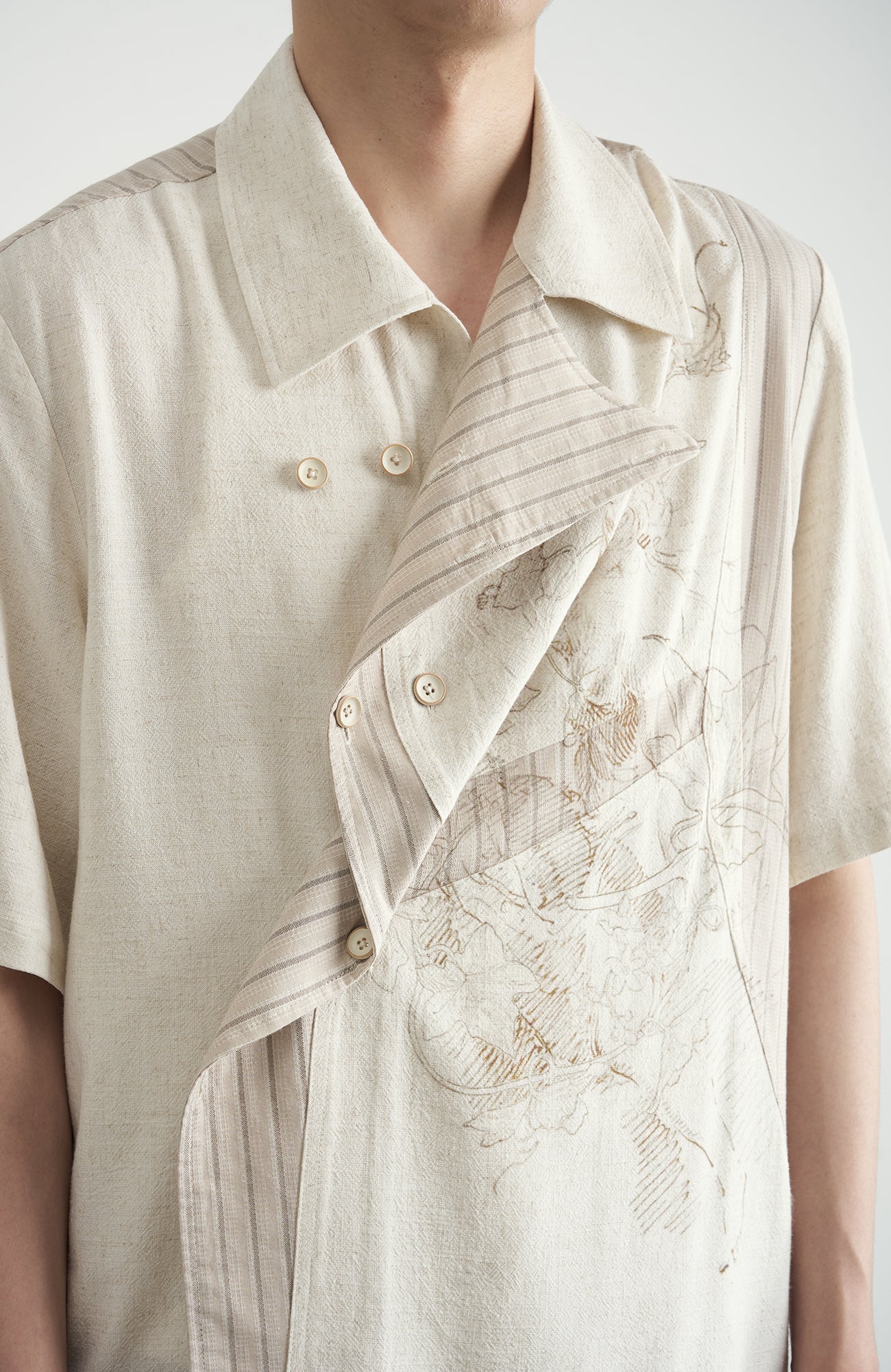 MOITIEDEPETALE Asymmetrical Floral Sketch Linen-Blend Shirt