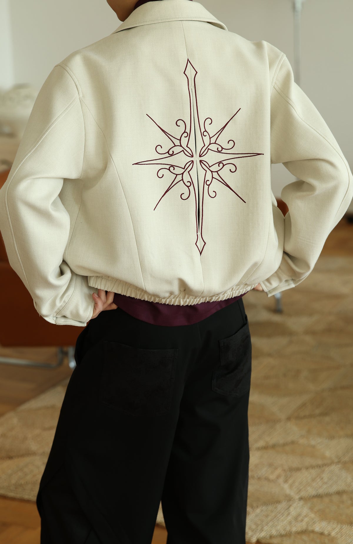 OKAYTHXBYE Embroidered Patchwork Distressed Cropped Jacket
