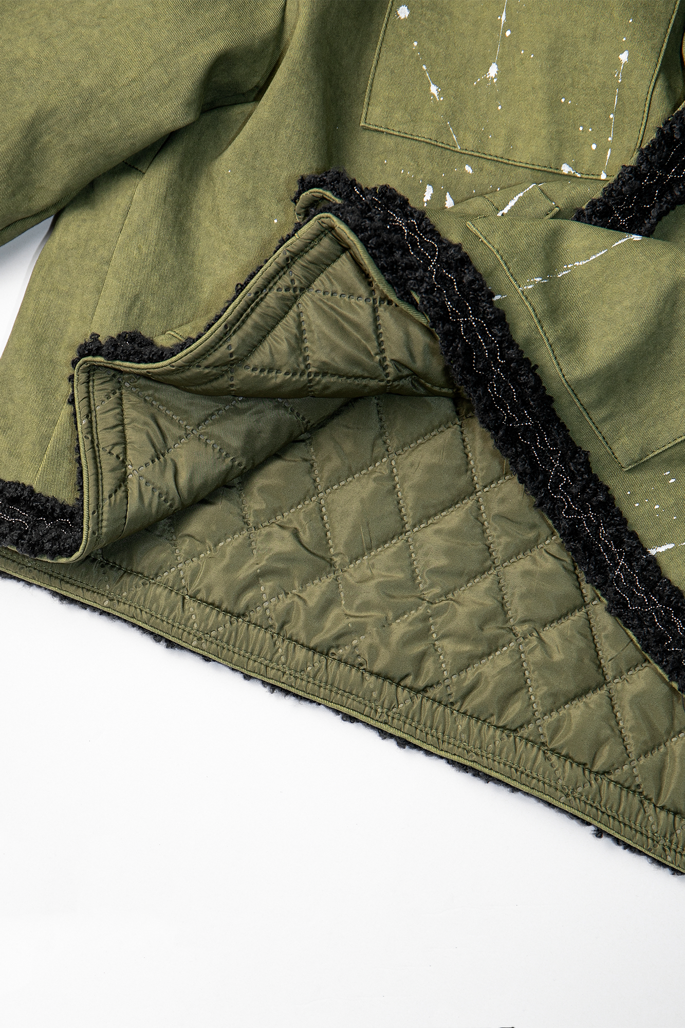 LEONSENSE Paneled Fleece Trim Paint-Splattered Jacket, premium urban and streetwear designers apparel on PROJECTISR.com, LEONSENSE