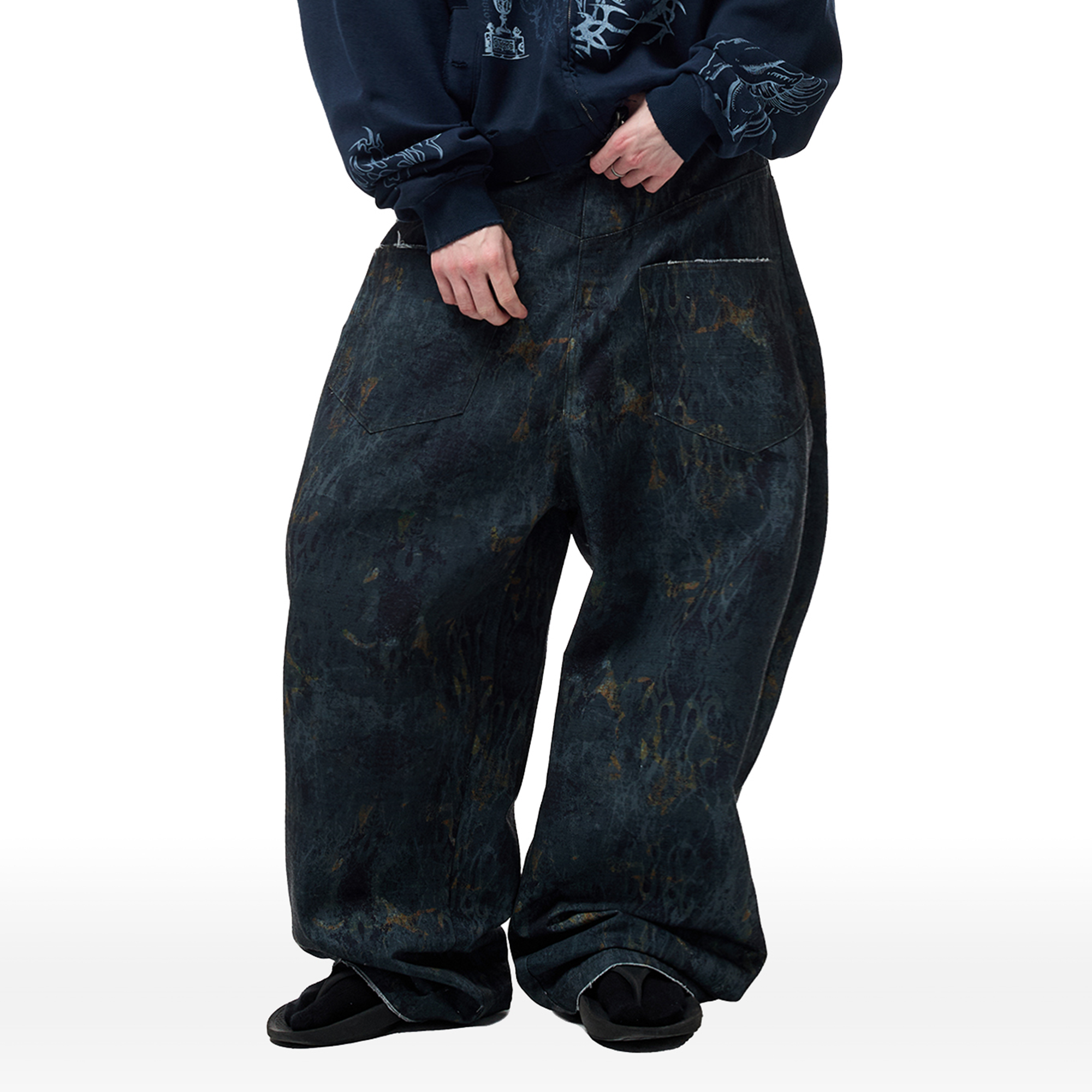 CYCYCY Washed Mottled Flame Graphic Denim Pants