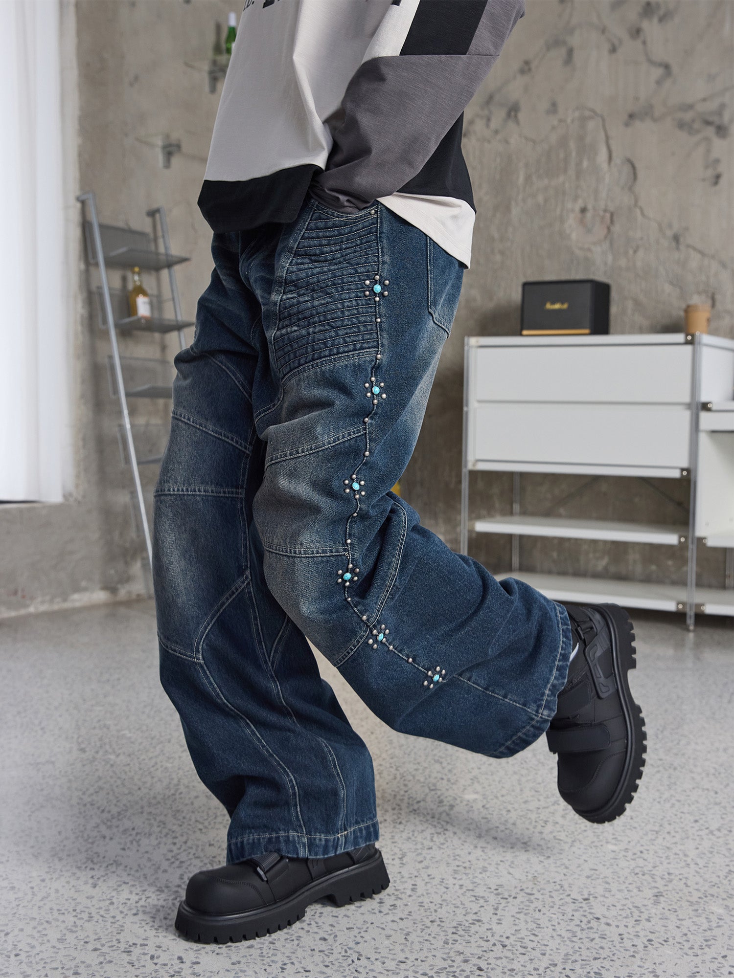 ERROR CODE ROBOT Turquoise Studded Paneled Jeans, premium urban and streetwear designers apparel on PROJECTISR.com, ERROR CODE ROBOT