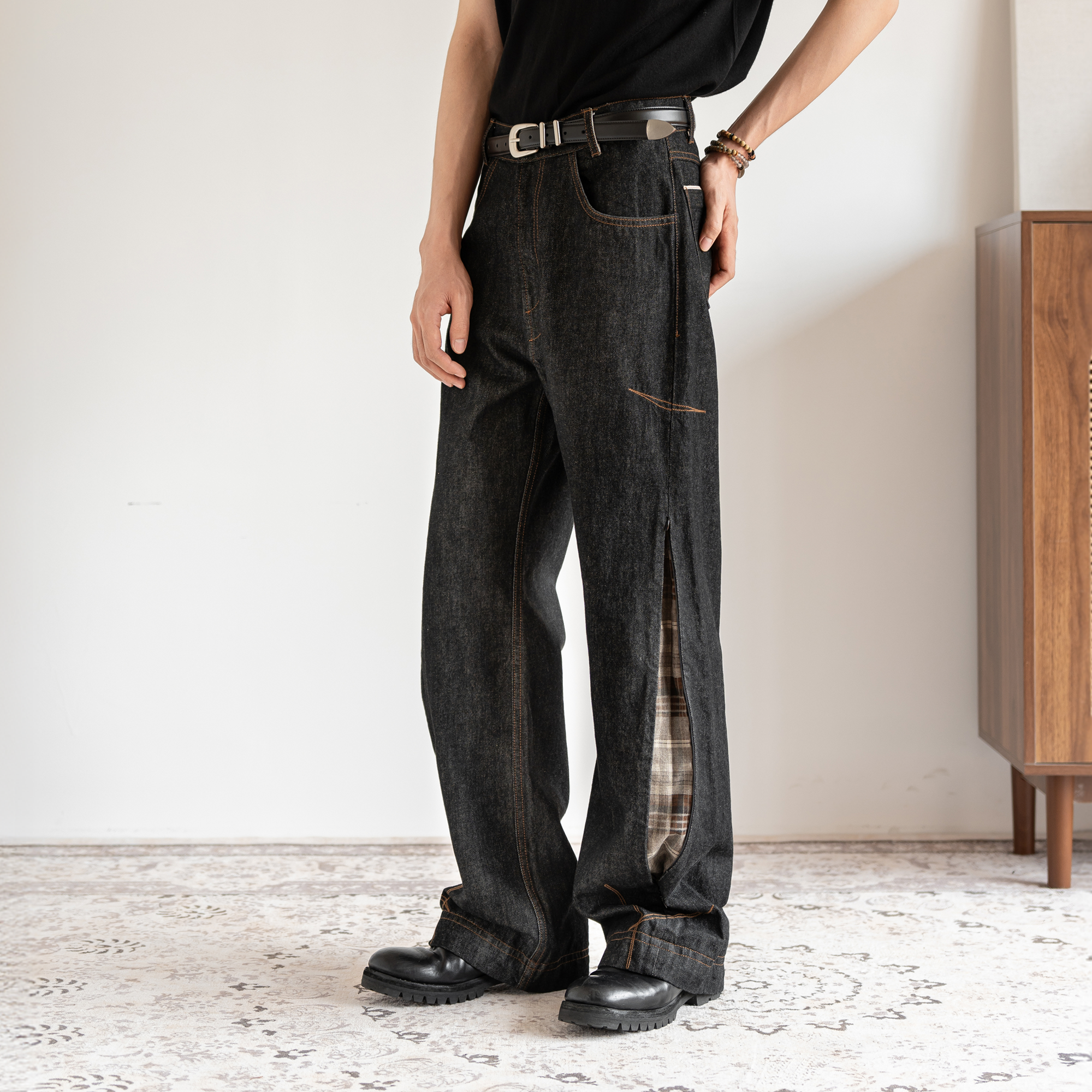MOITIEDEPETALE Plaid-Inset Wide-Leg Selvedge Jeans