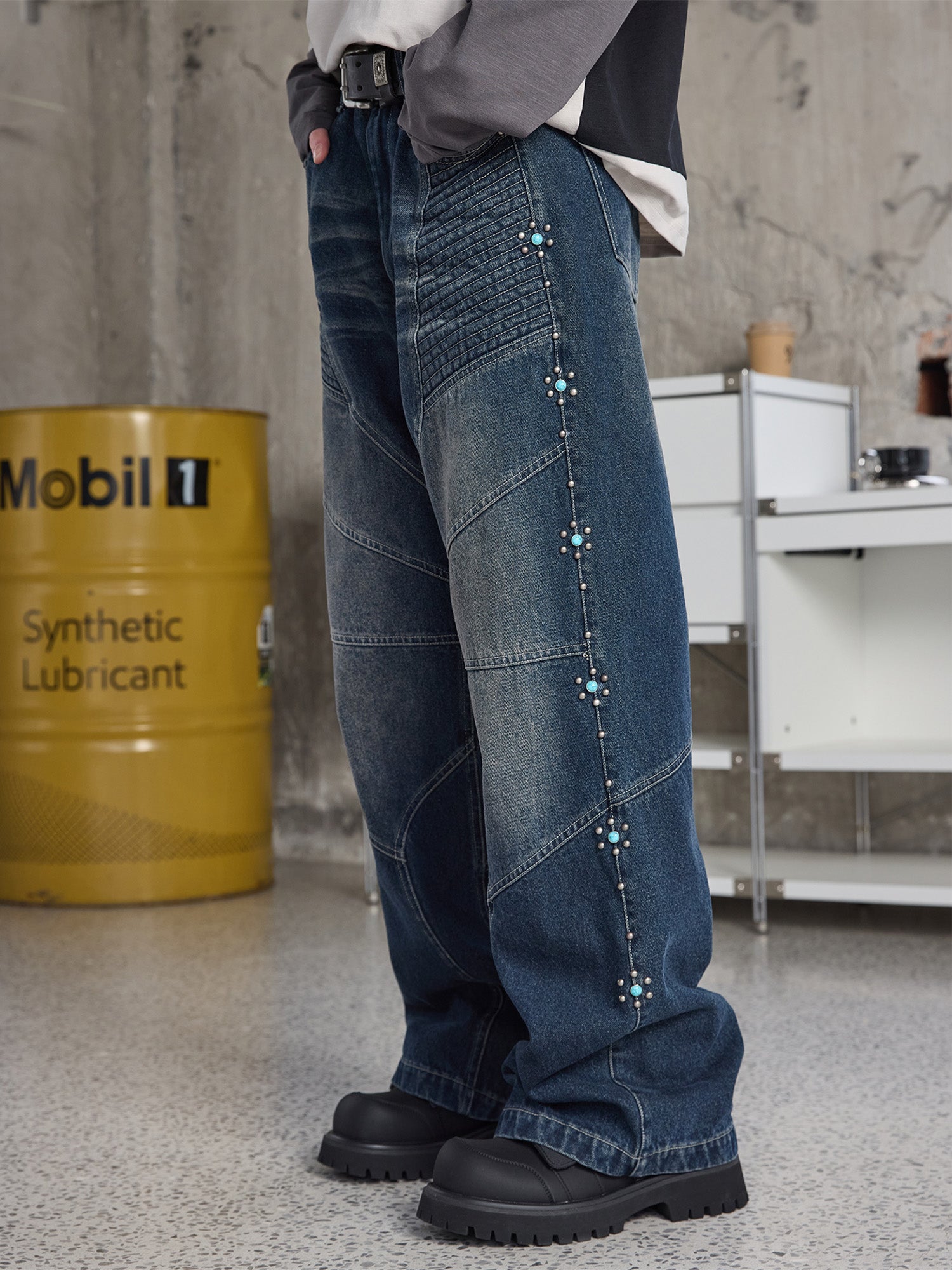 ERROR CODE ROBOT Turquoise Studded Paneled Jeans, premium urban and streetwear designers apparel on PROJECTISR.com, ERROR CODE ROBOT