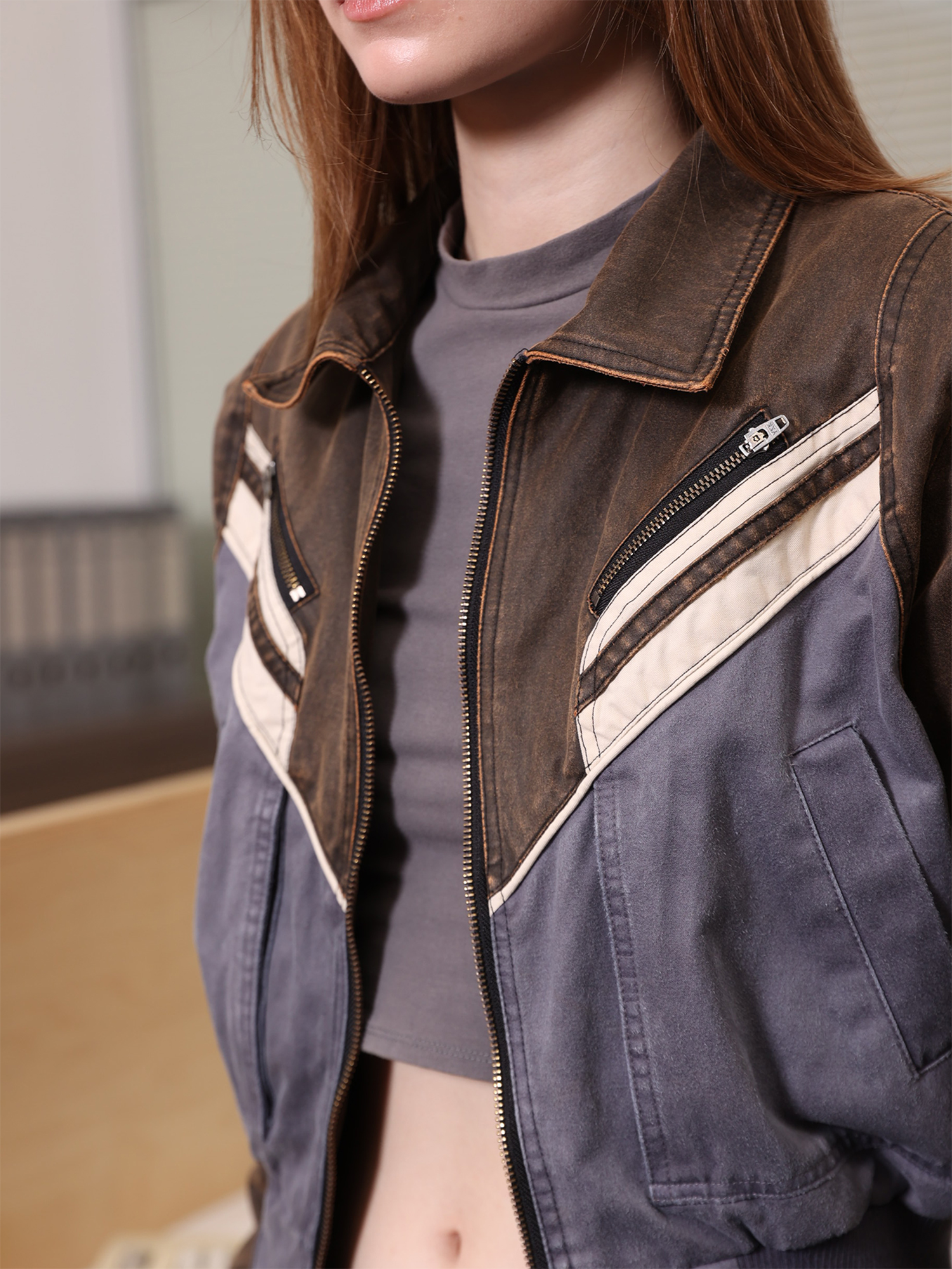 ERROR CODE ROBOT Contrast V-Stripe Washed Short Jacket