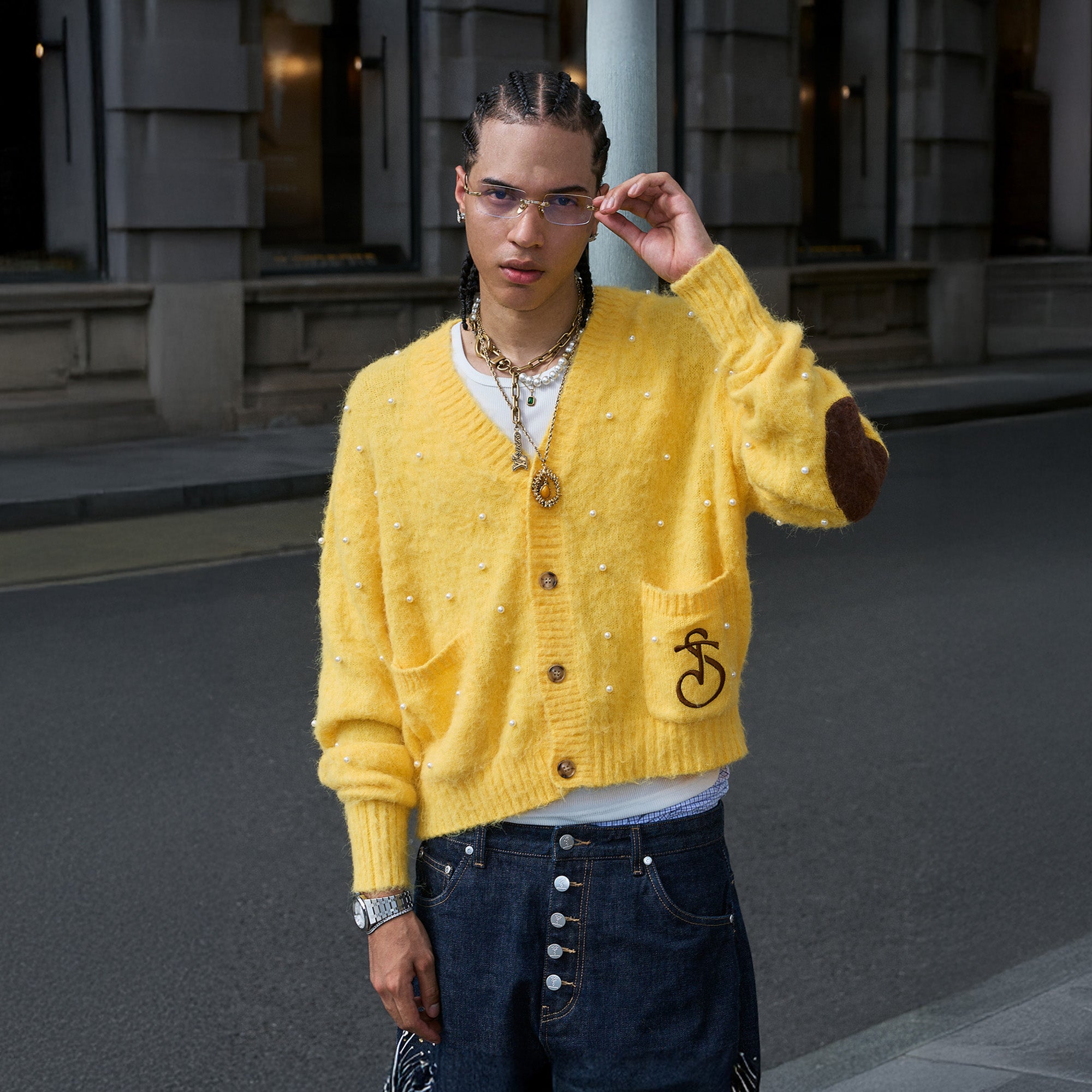 STEEPC Pearl-Studded Contrast Elbow Patch Cardigan