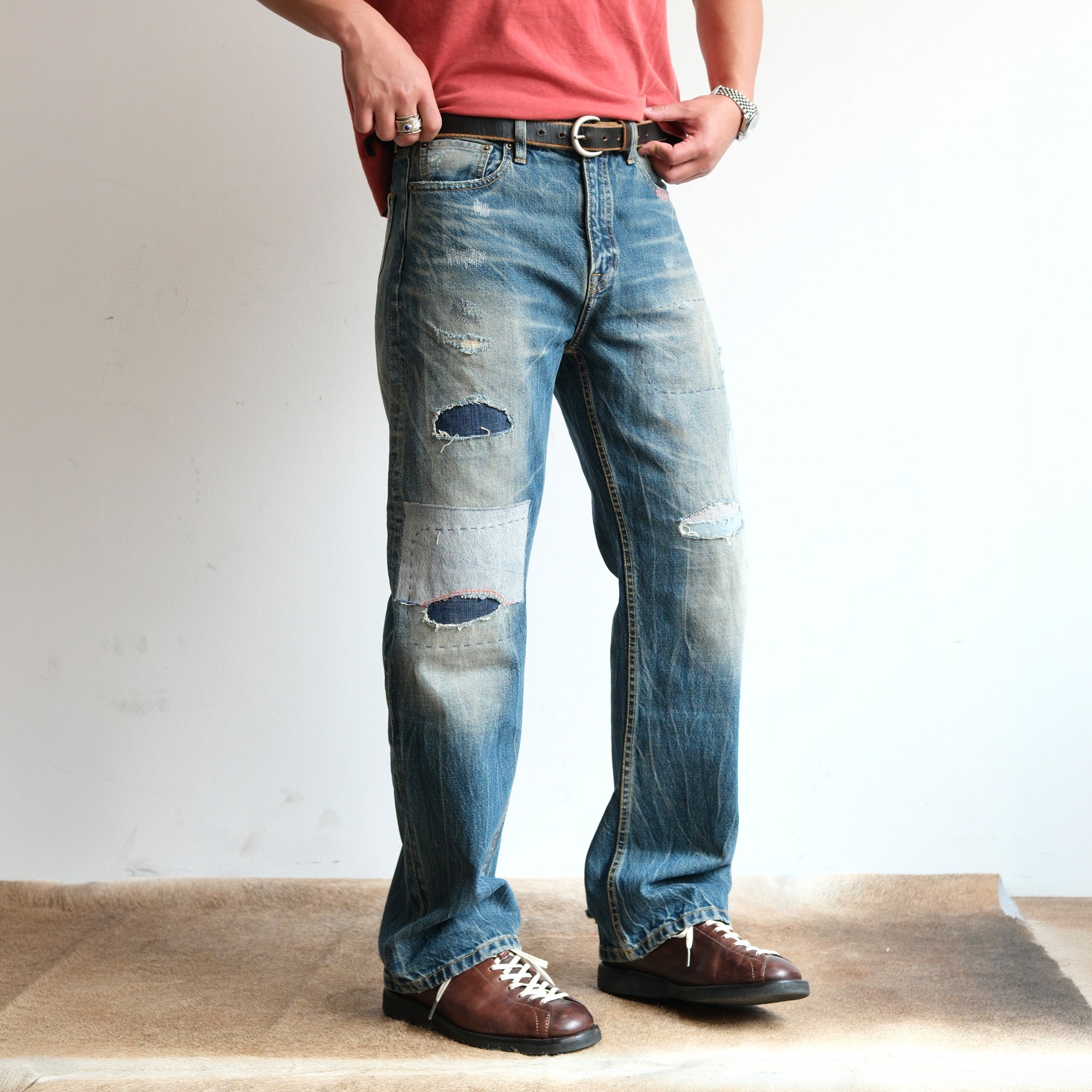 NEIGBORL Retro Washed Patch Distressed Jeans, premium urban and streetwear designers apparel on PROJECTISR.com, NEIGBORL