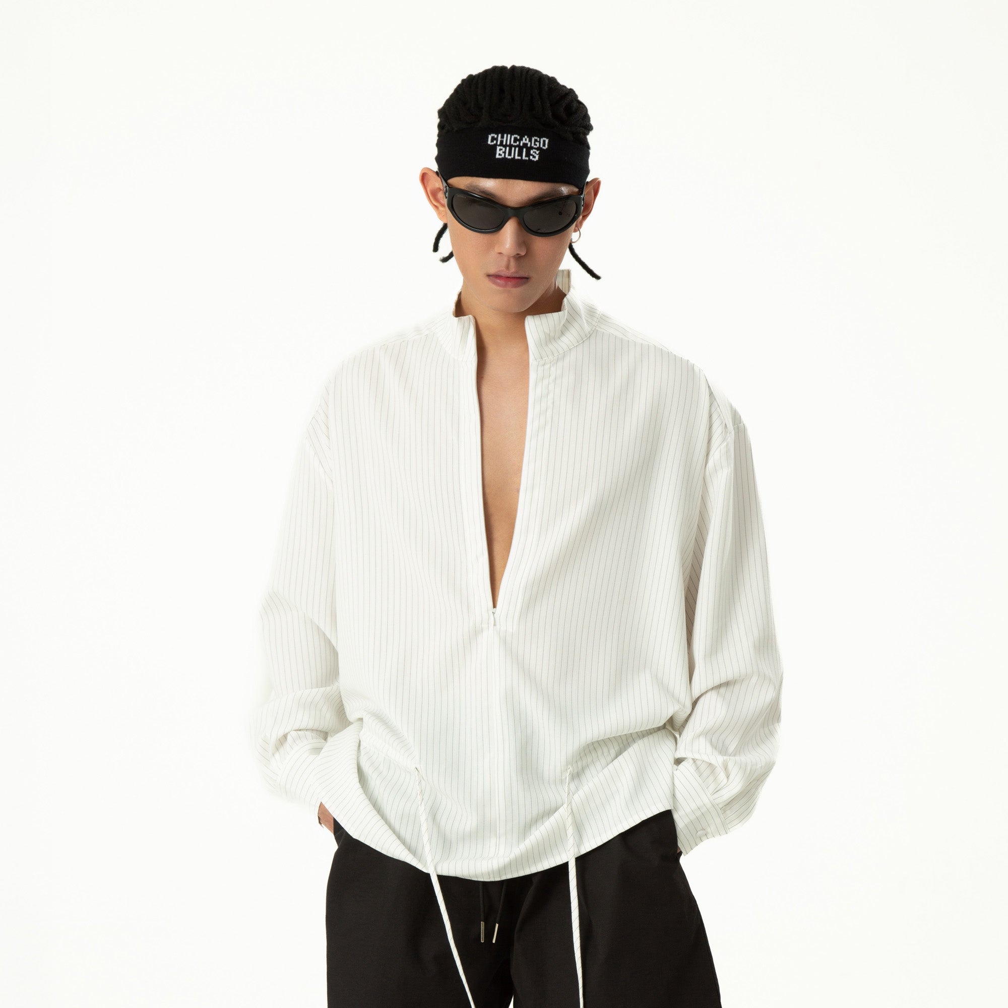 CLP Drawstring Waist Striped V-Neck Shirt, premium urban and streetwear designers apparel on PROJECTISR.com, CLP