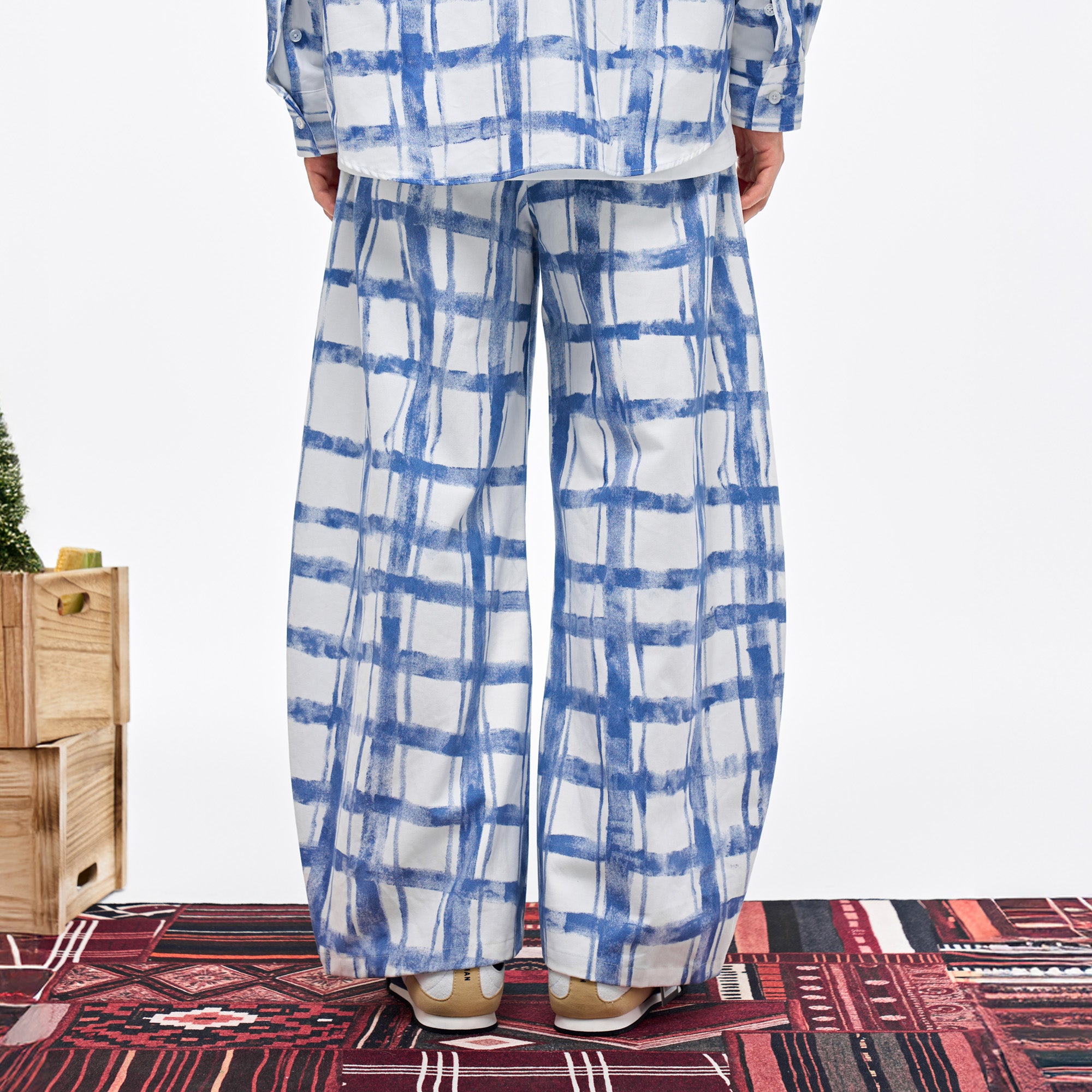 OVERLAPS Brush-Paint Grid Wide-Leg Pants, premium urban and streetwear designers apparel on PROJECTISR.com, OVERLAPS