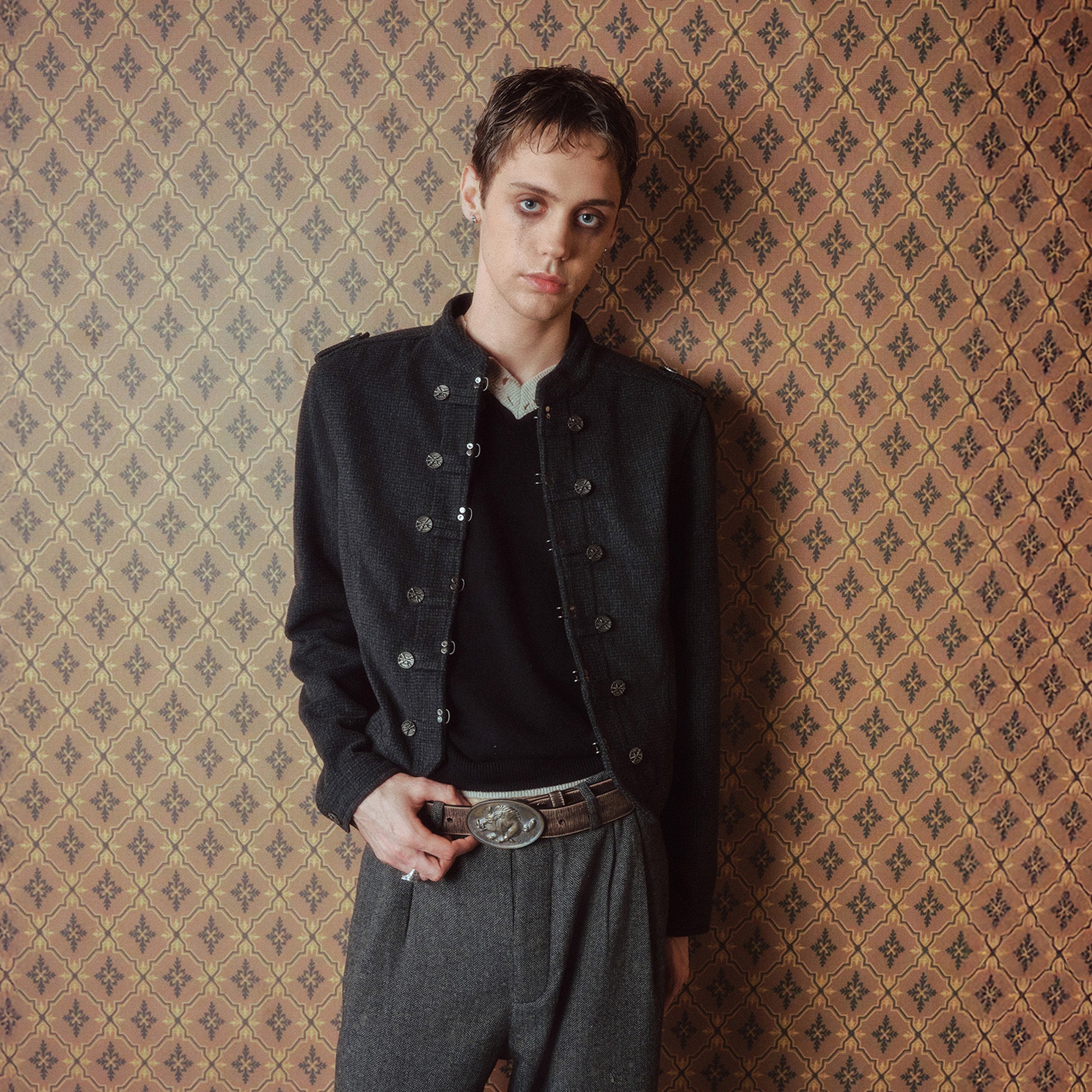 RICHILL Flocked Napoleon Button Cropped Jacket