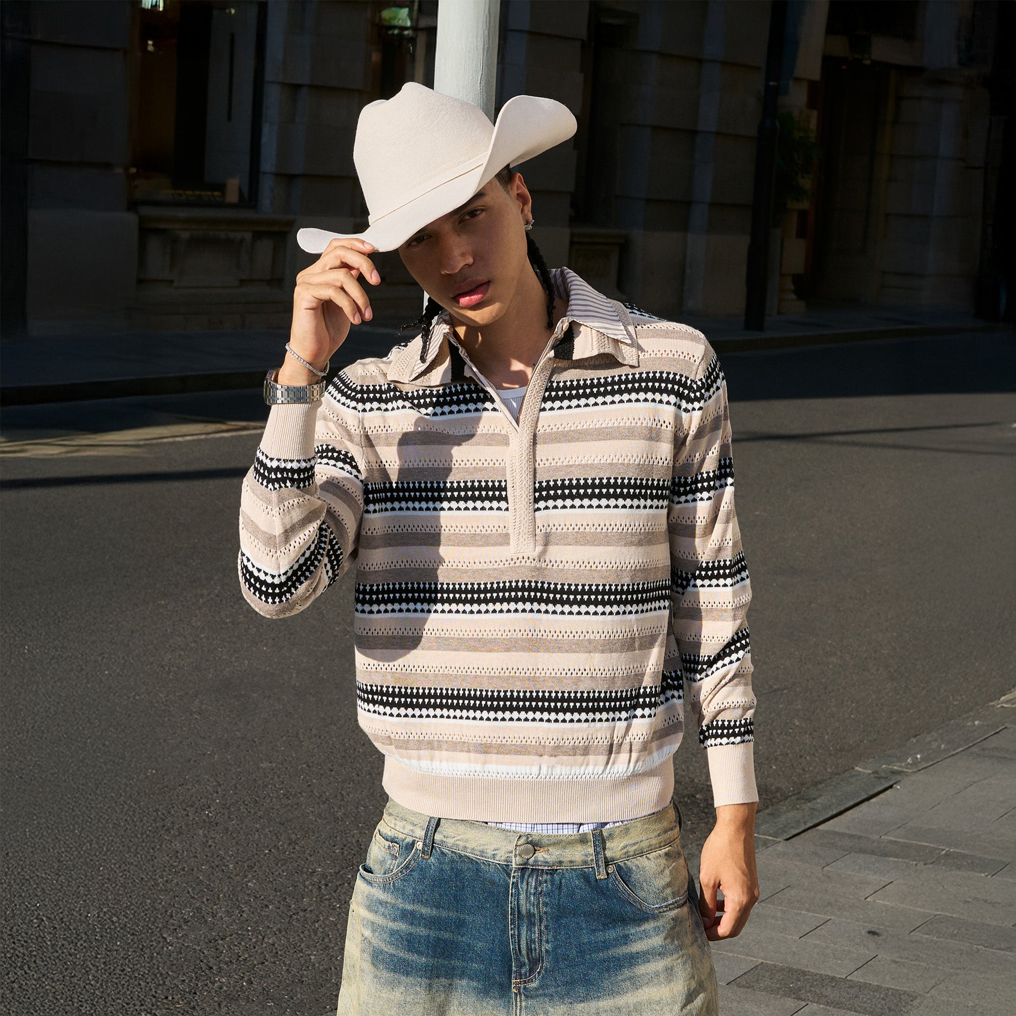 STEEPC Stripe Faux-Layered Polo Sweater, premium urban and streetwear designers apparel on PROJECTISR.com, STEEPC