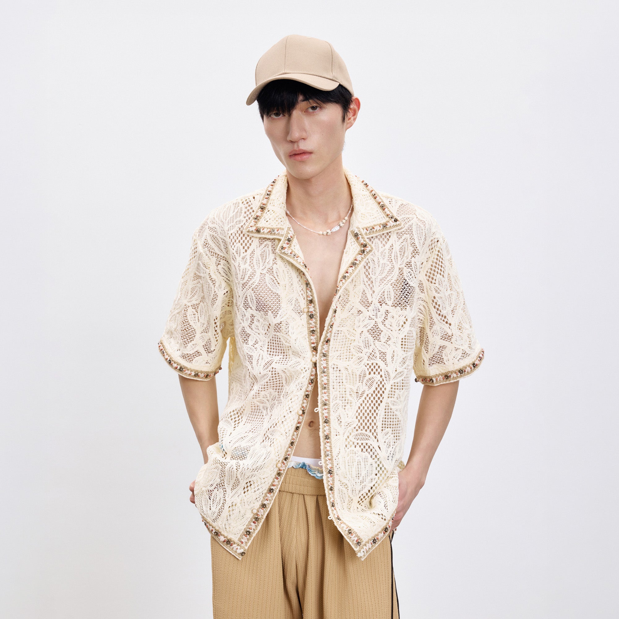 TUIMU Beaded Trim Open-Knit Jacquard Half Shirt, premium urban and streetwear designers apparel on PROJECTISR.com, TUIMU