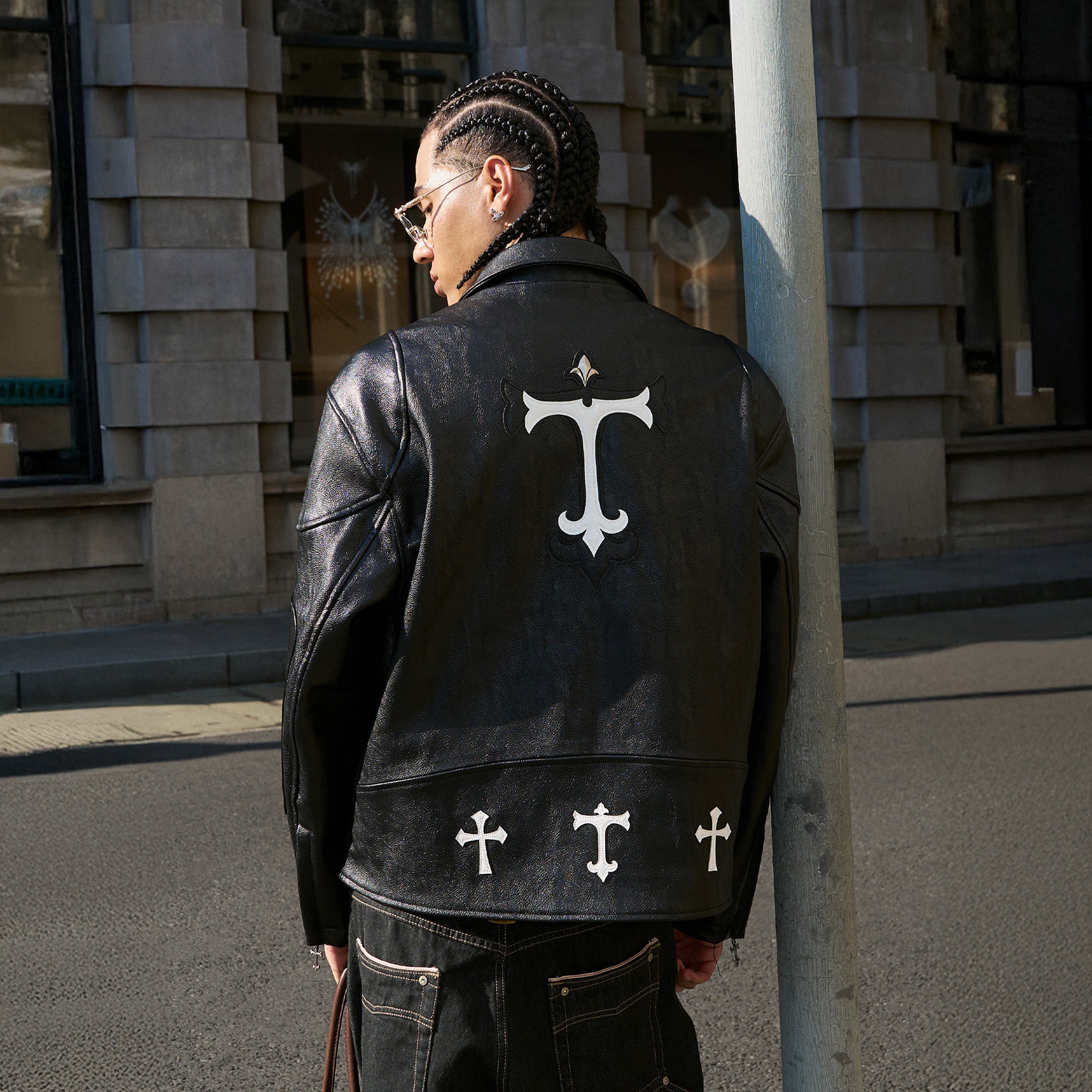 STEEPC Gothic-Patch Panel Multi-Pocket Faux Leather Jacket