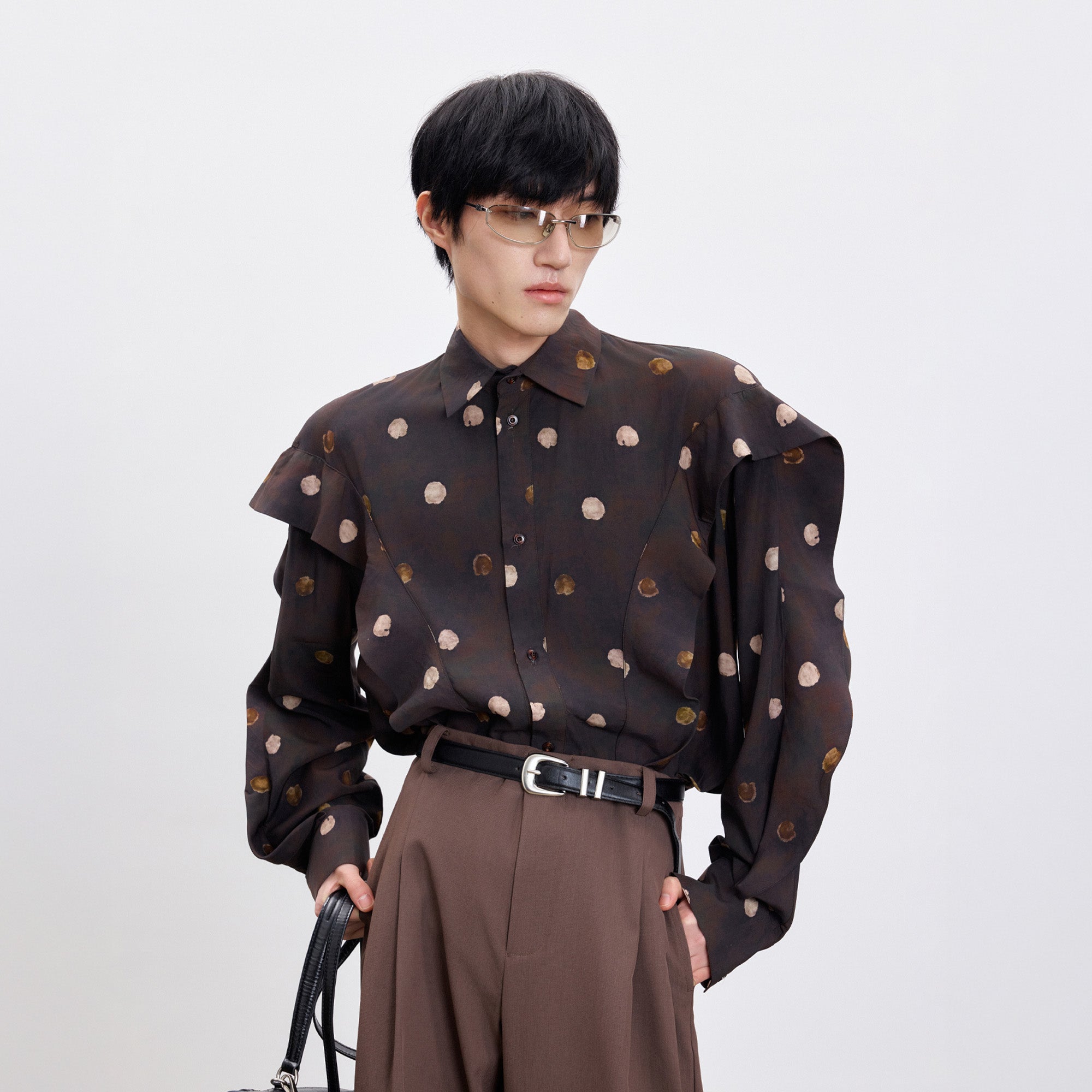 TUIMU Polka Dot Draped Panel Shirt, premium urban and streetwear designers apparel on PROJECTISR.com, TUIMU