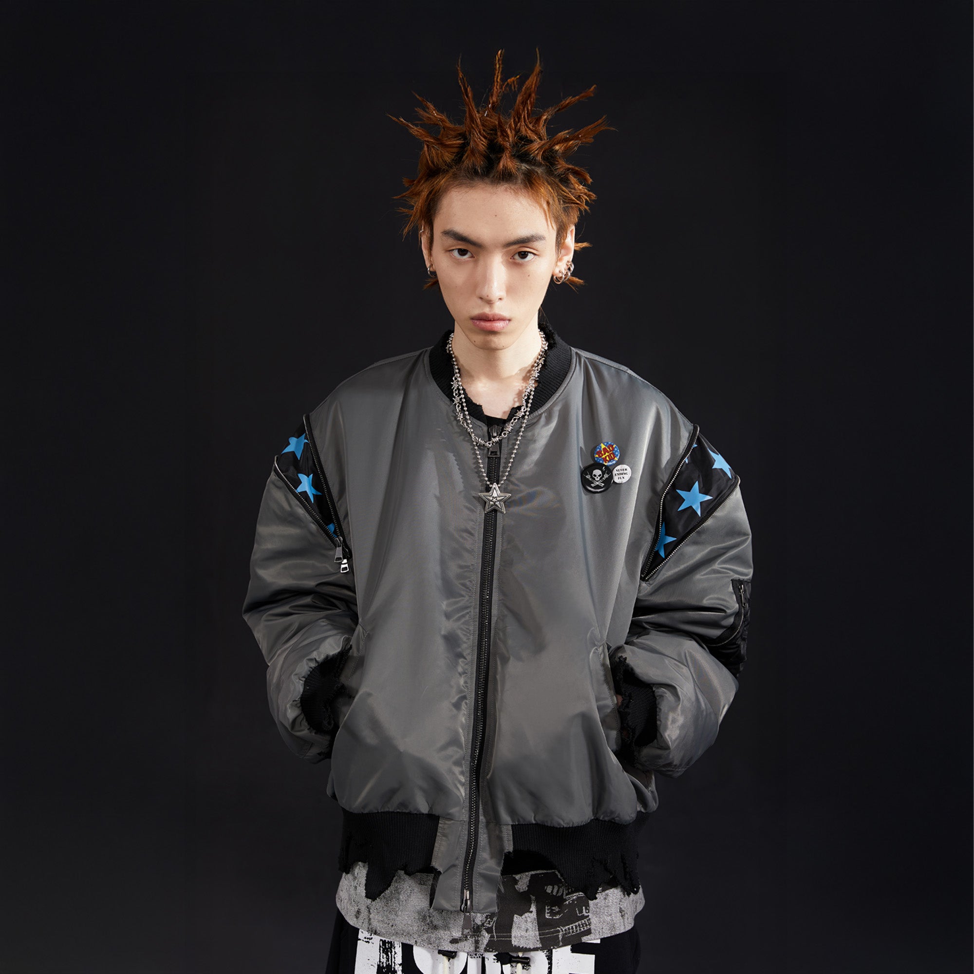 VENTUREK Retro Zipper-Spliced Raw Edge Bomber Jacket, premium urban and streetwear designers apparel on PROJECTISR.com, VENTUREK