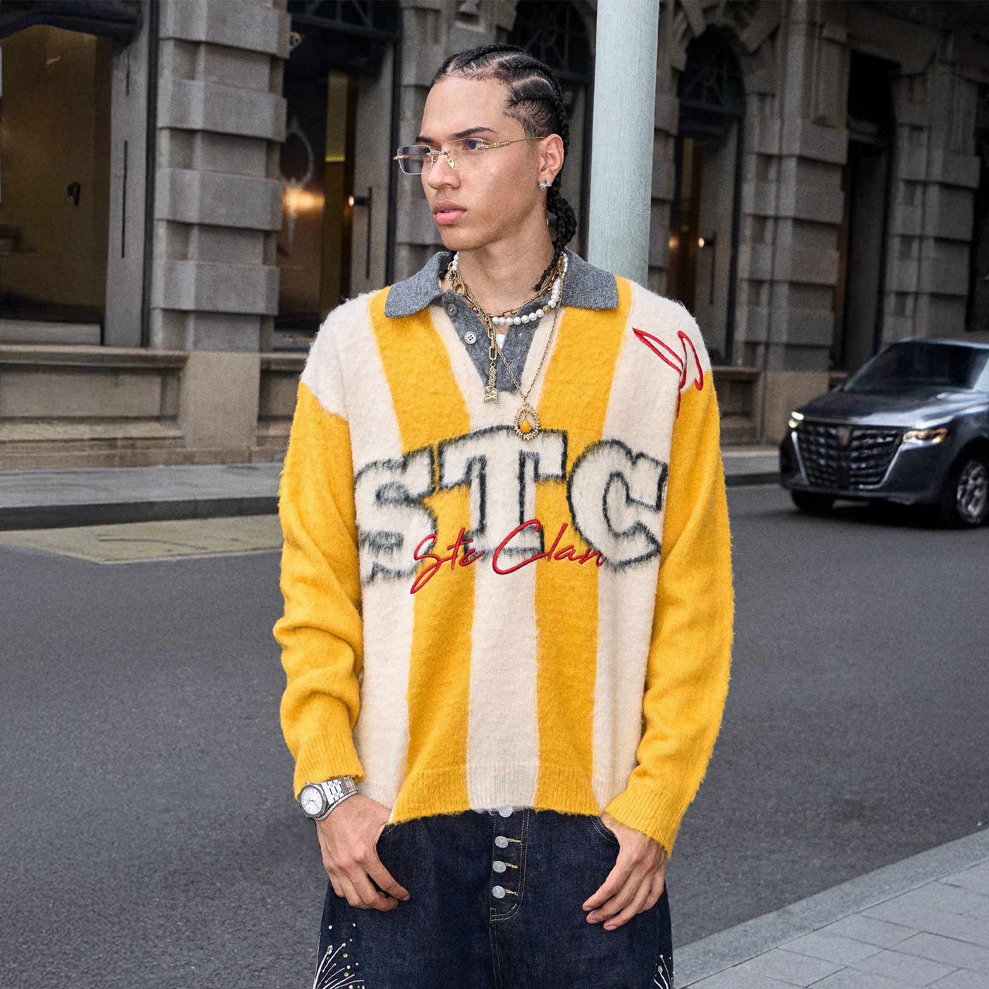 STEEPC Striped Embroidered Fuzzy Polo Sweater, premium urban and streetwear designers apparel on PROJECTISR.com, STEEPC