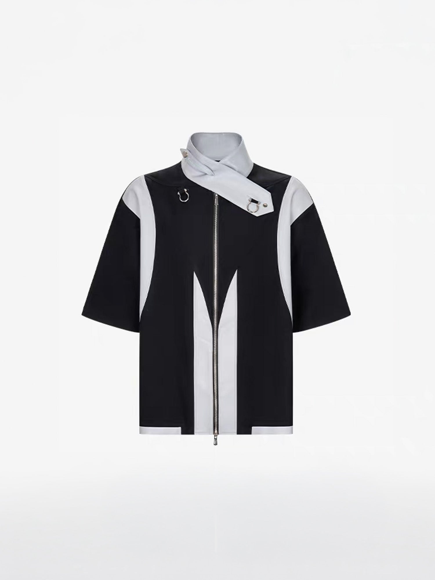 TIWILLTANG Layered-Collar Contrast-Panel Zip-Up Half Shirt, premium urban and streetwear designers apparel on PROJECTISR.com, TIWILLTANG