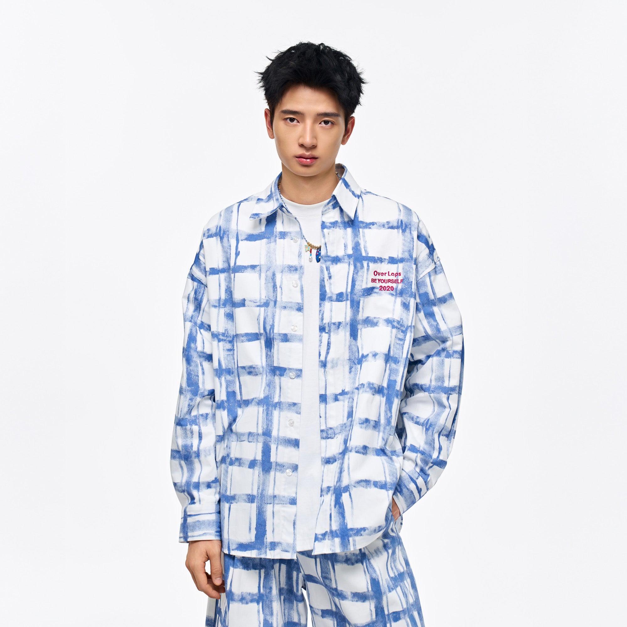 OVERLAPS Brush-Paint Grid Oversized Shirt, premium urban and streetwear designers apparel on PROJECTISR.com, OVERLAPS
