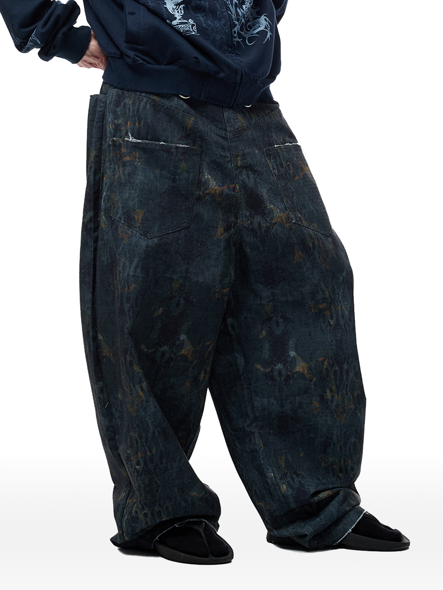 CYCYCY Washed Mottled Flame Graphic Denim Pants