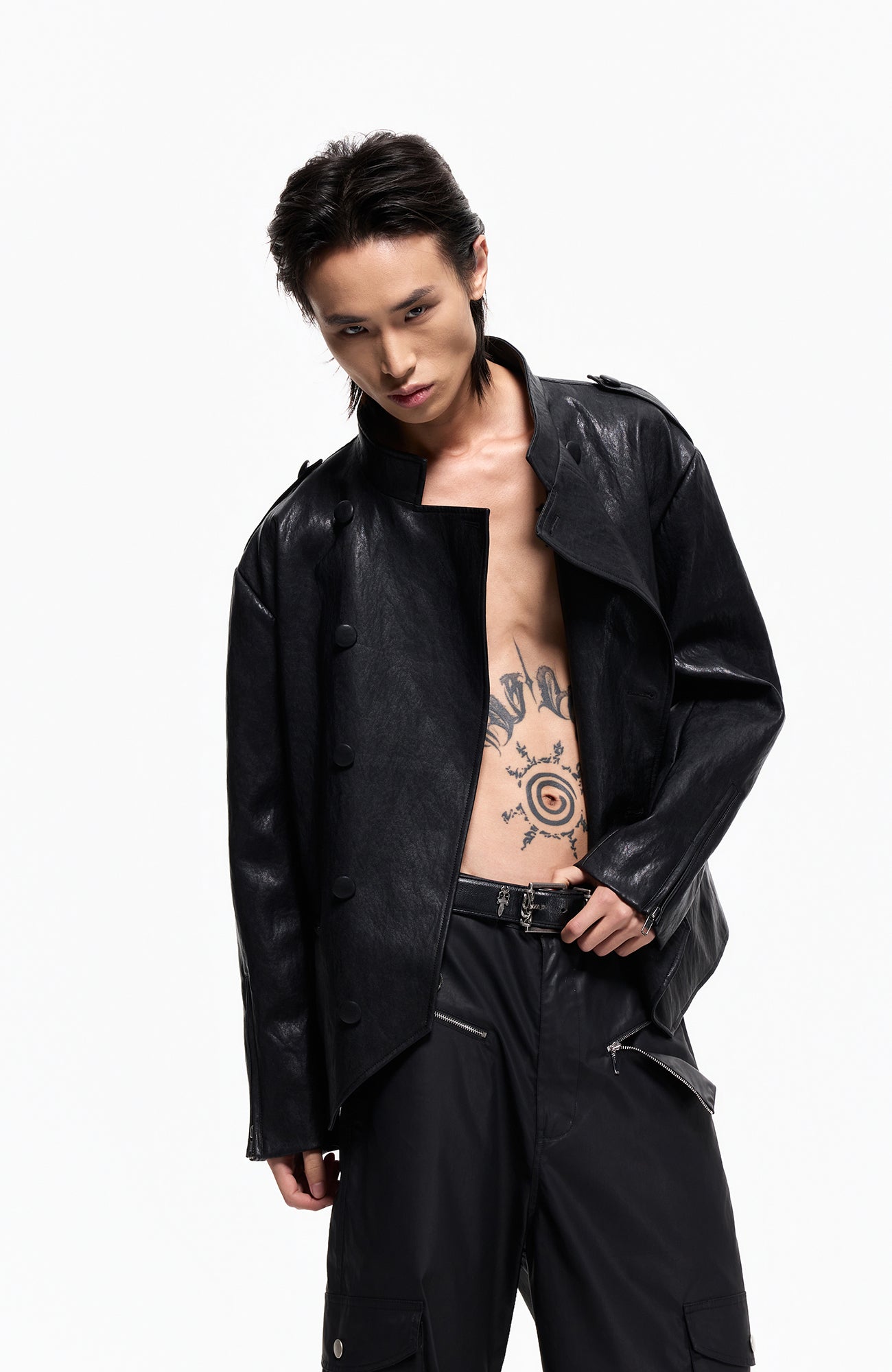 2000RSK Napoleon-Button Faux Leather Knight Jacket