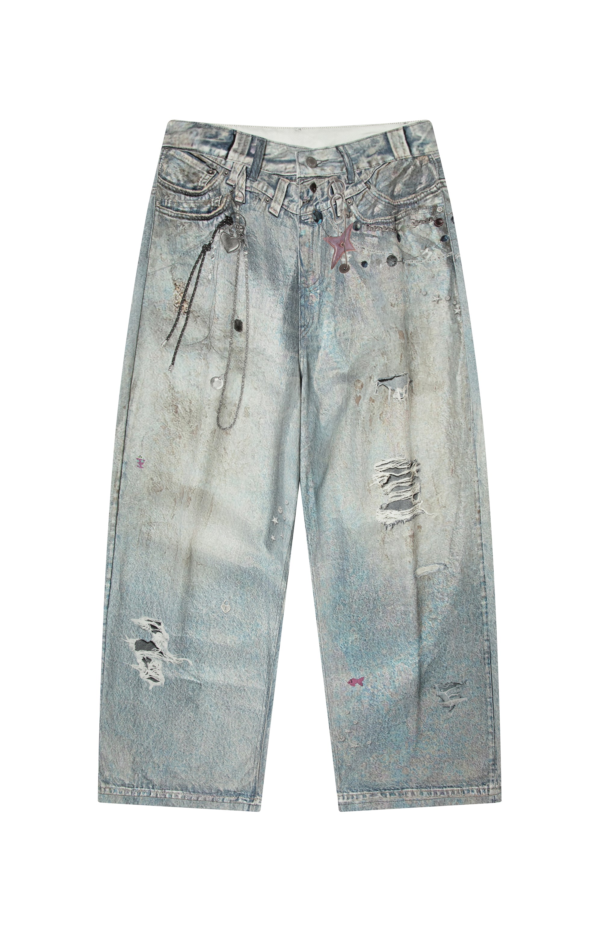 TGNS Beaded Graphic Distressed Oversized Jeans
